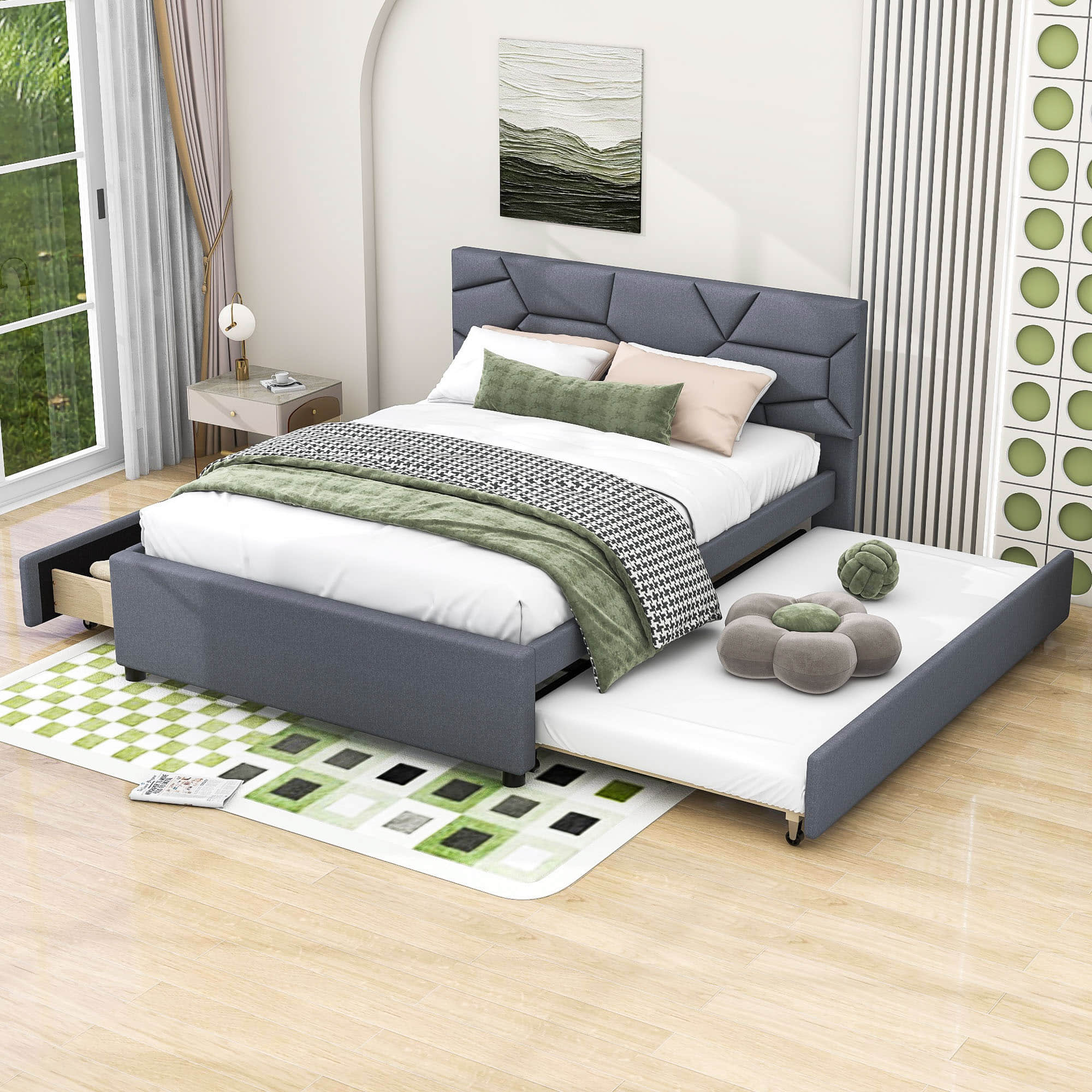 Queen Platform Upholstered Bed Frame with Headboard, Twin XL Trundle Bed