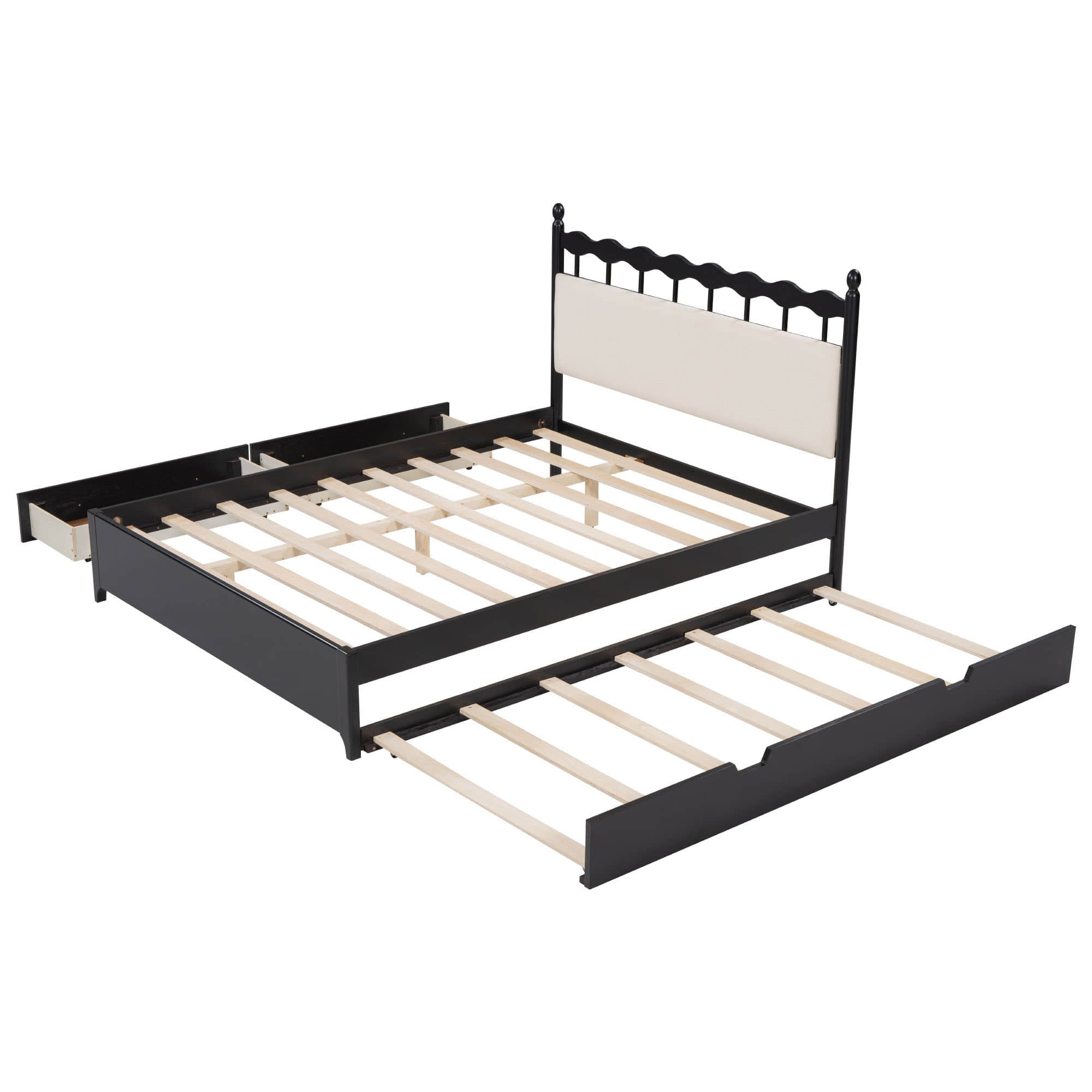 Wooden Queen Storage Bed with Headboard and Storage, Twin Trundle Bed