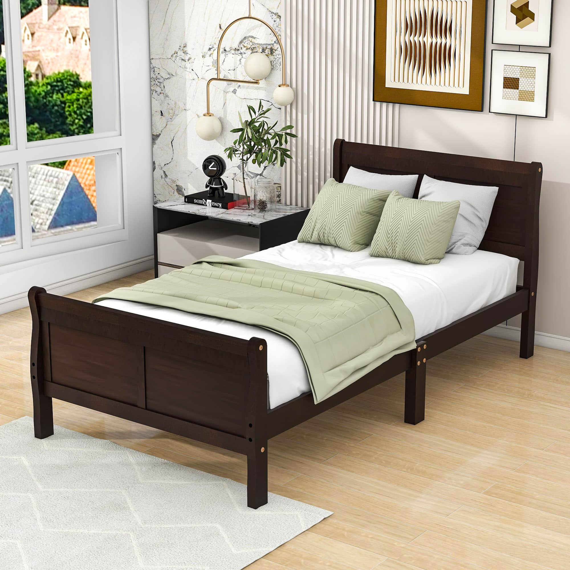 Wooden Twin Sleigh Bed Frame with Headboard and Footboard