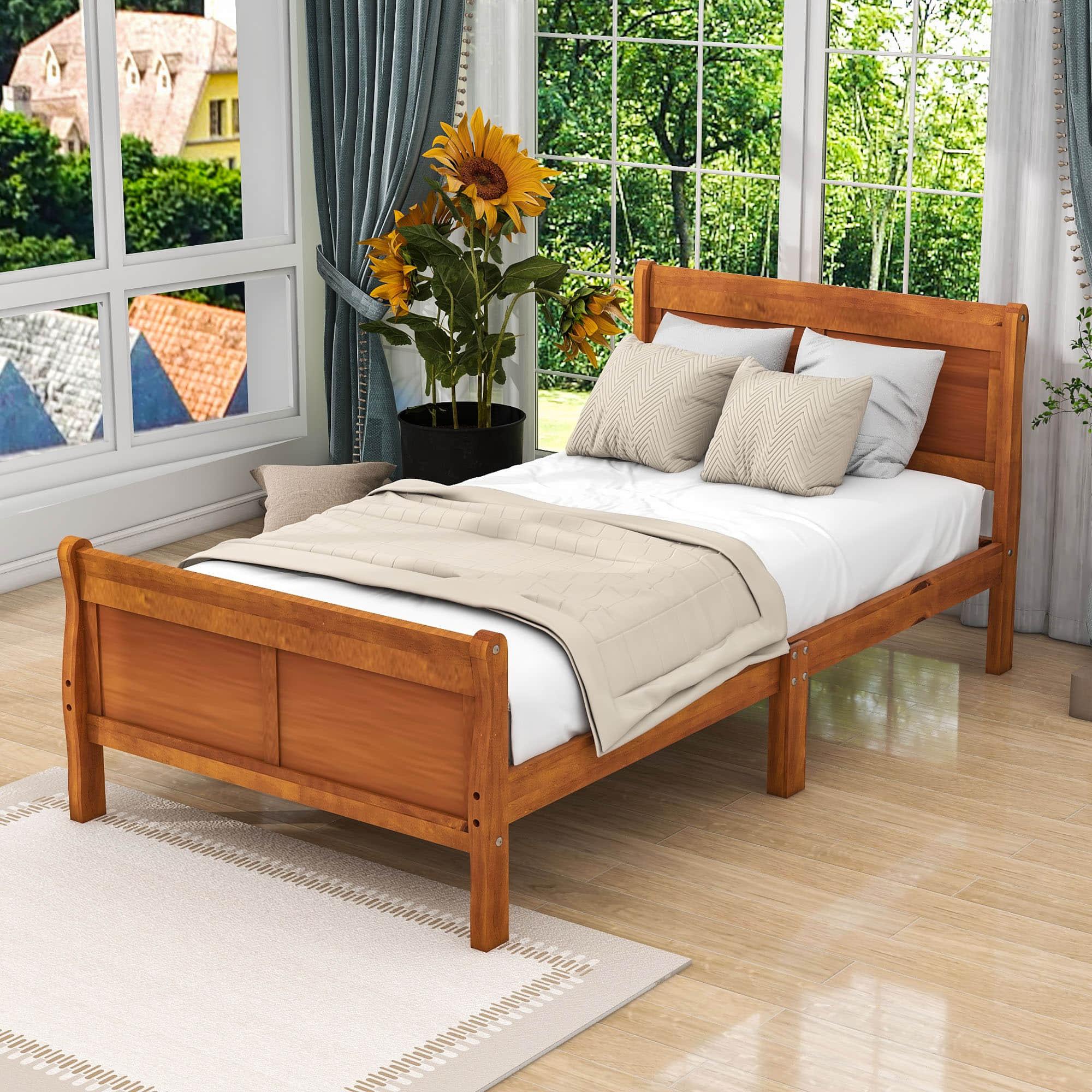 Wooden Twin Sleigh Bed Frame with Headboard and Footboard