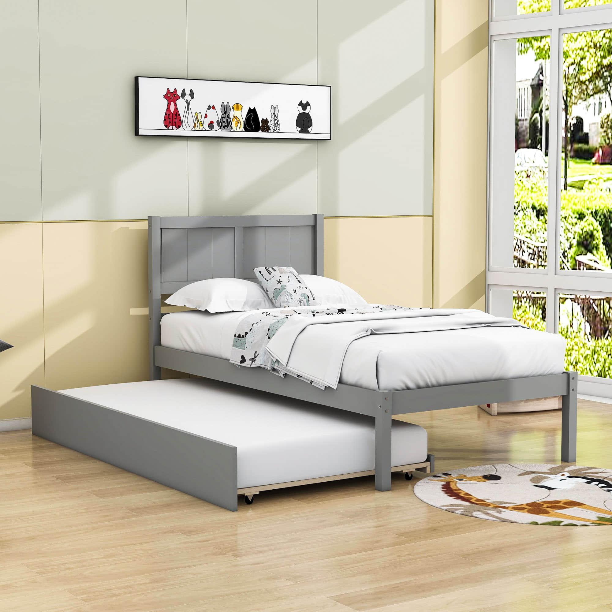 Wooden Twin Platform Bed with Twin Trundle and Headboard