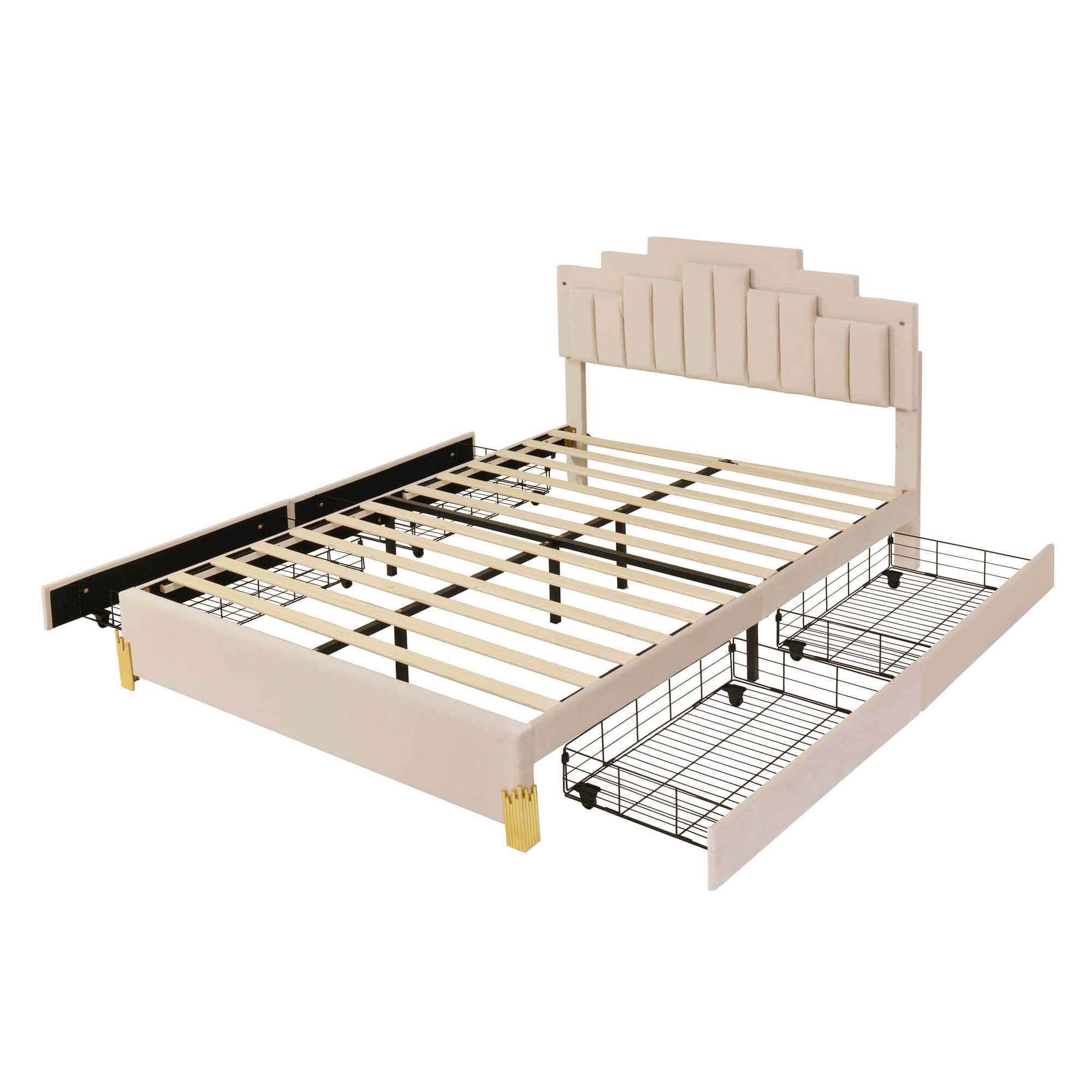 Upholstered Platform Queen Bed Frame with Headboard and LED Lights