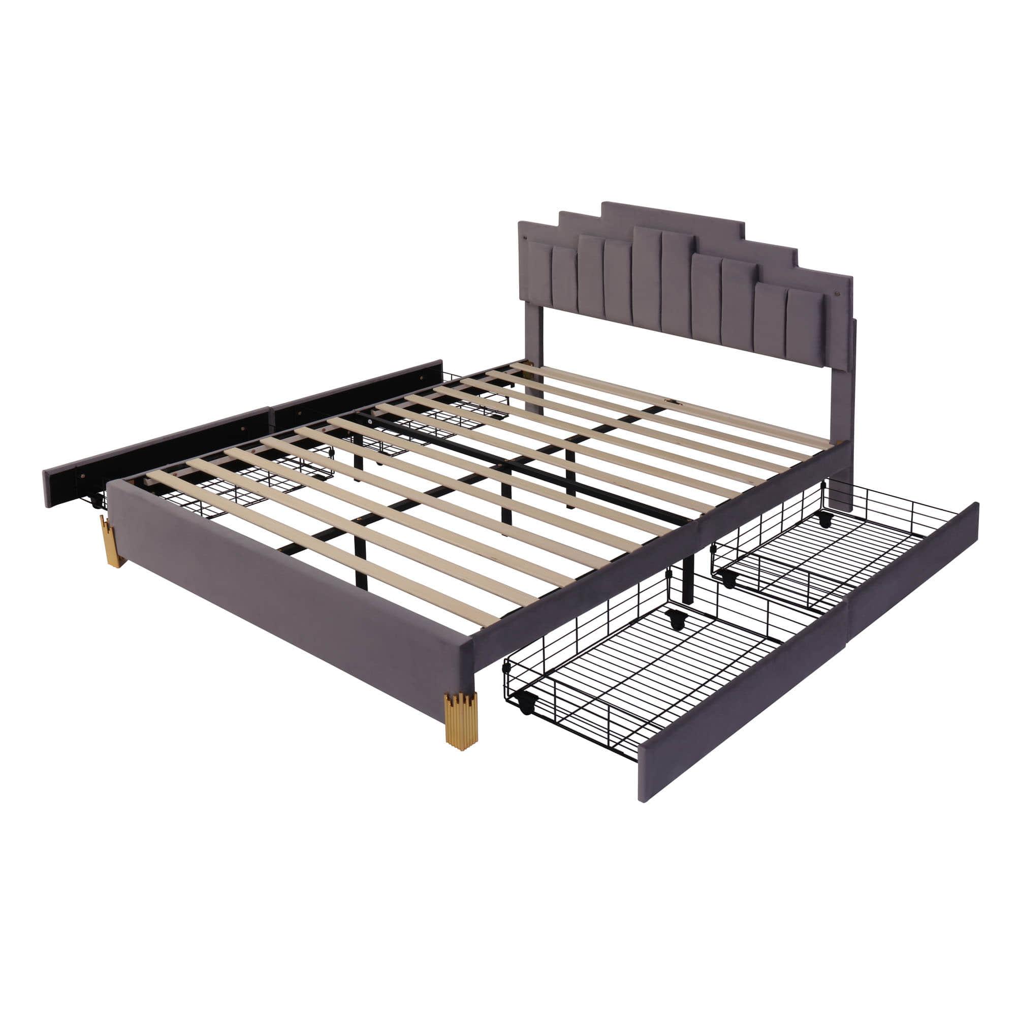 Upholstered Platform Queen Bed Frame with Headboard and LED Lights