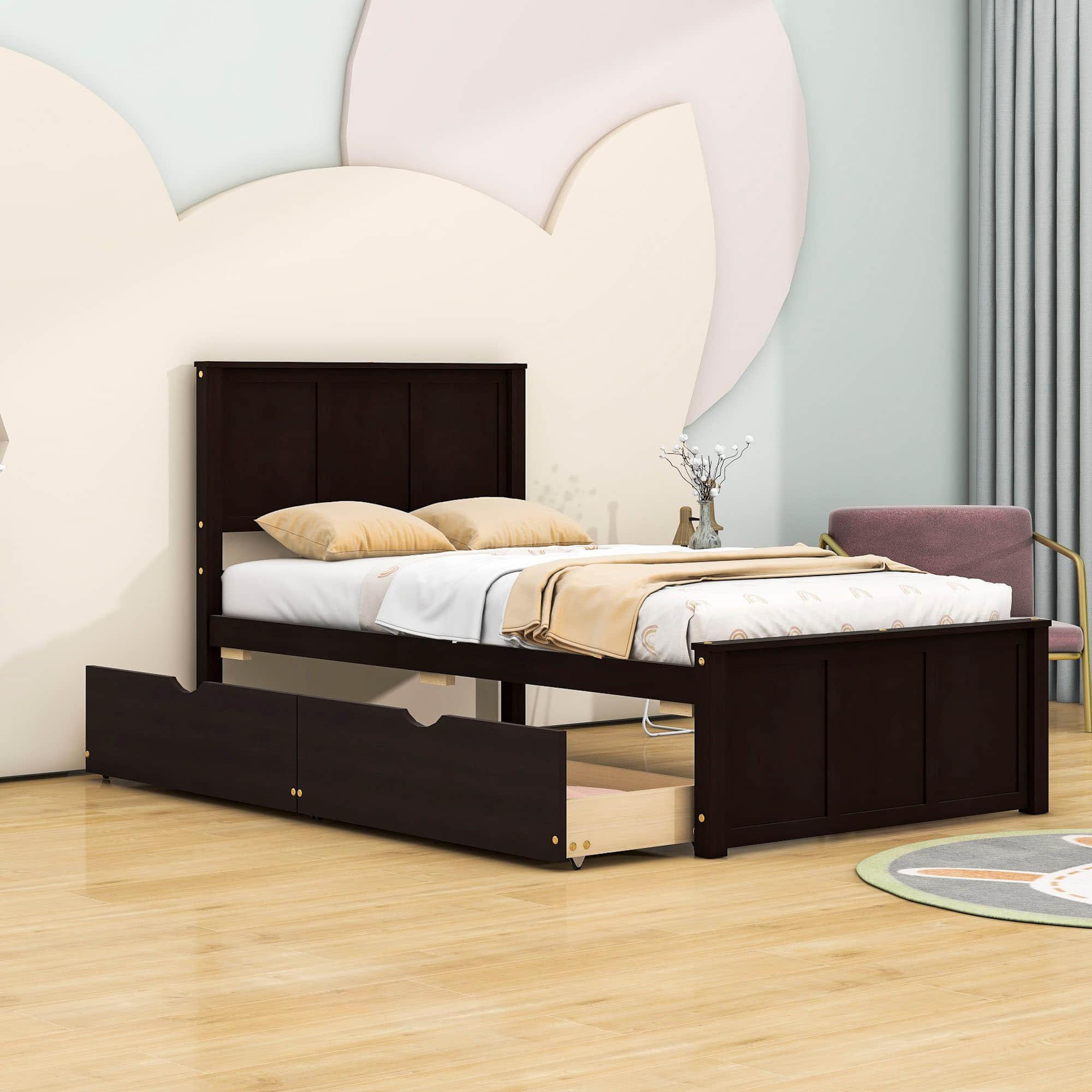 Twin Size Classic Platform Bed with Storage Drawers and Headboard