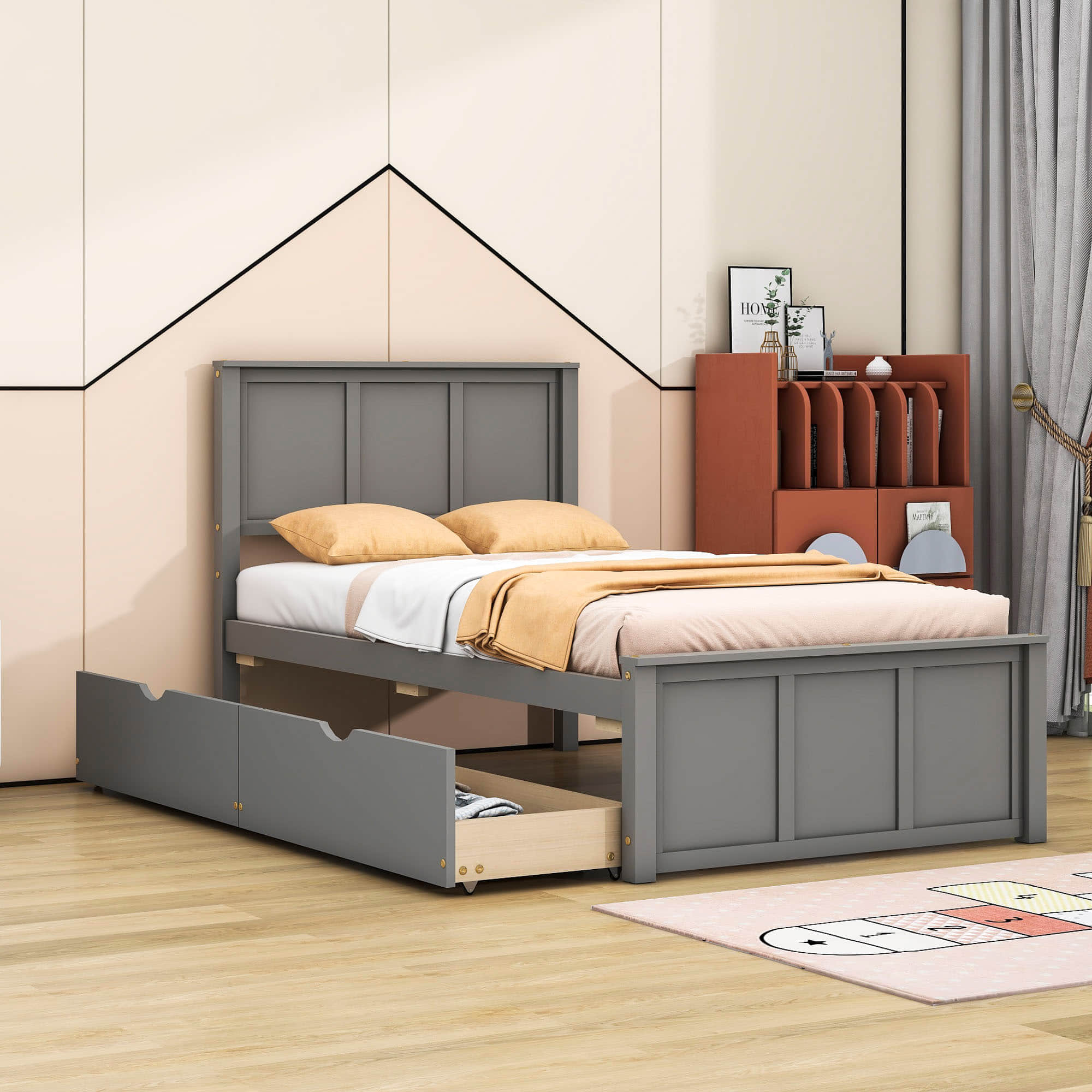 Twin Size Classic Platform Bed with Storage Drawers and Headboard