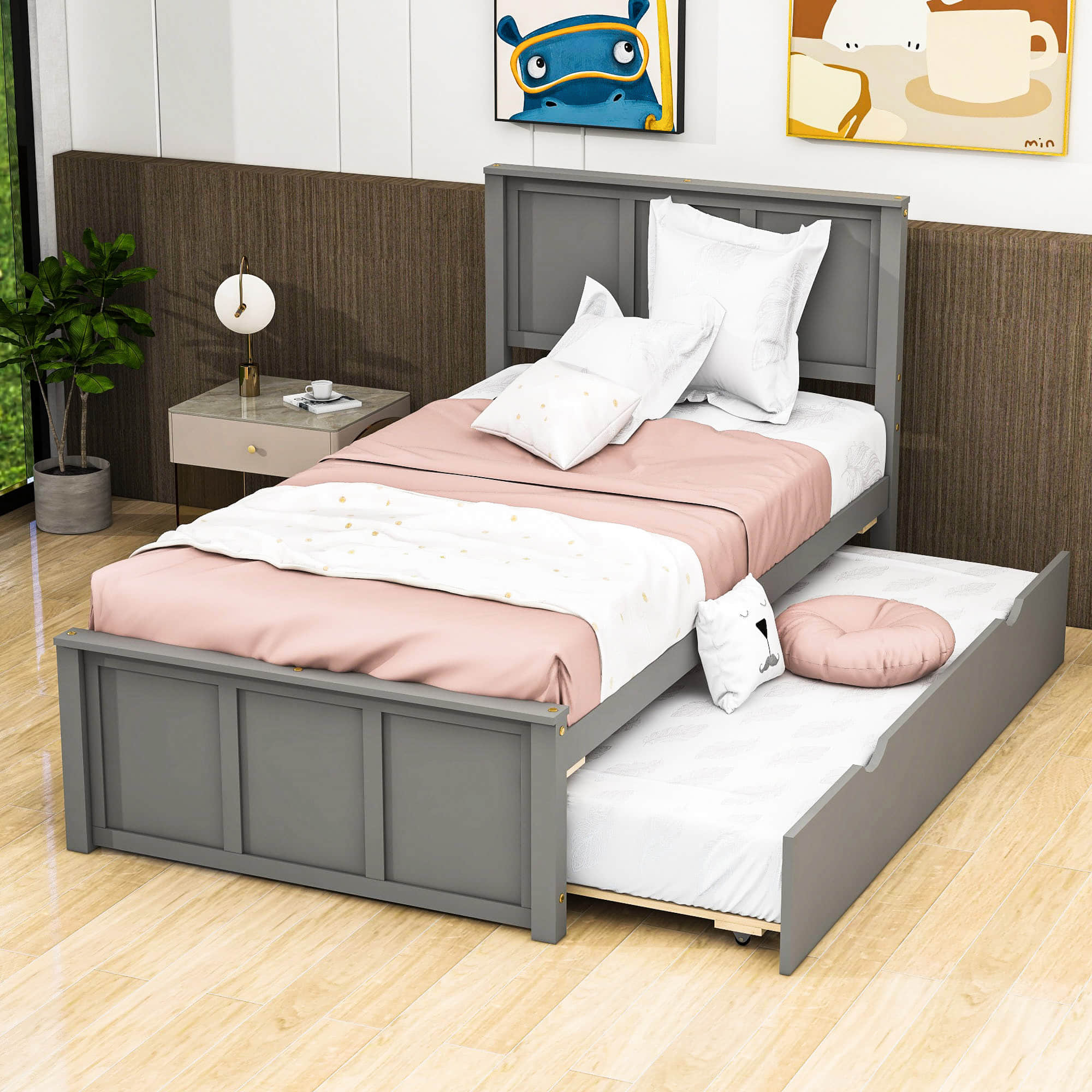 Classic Twin Platform Bed with Twin Trundle and Headboard - [Wood]