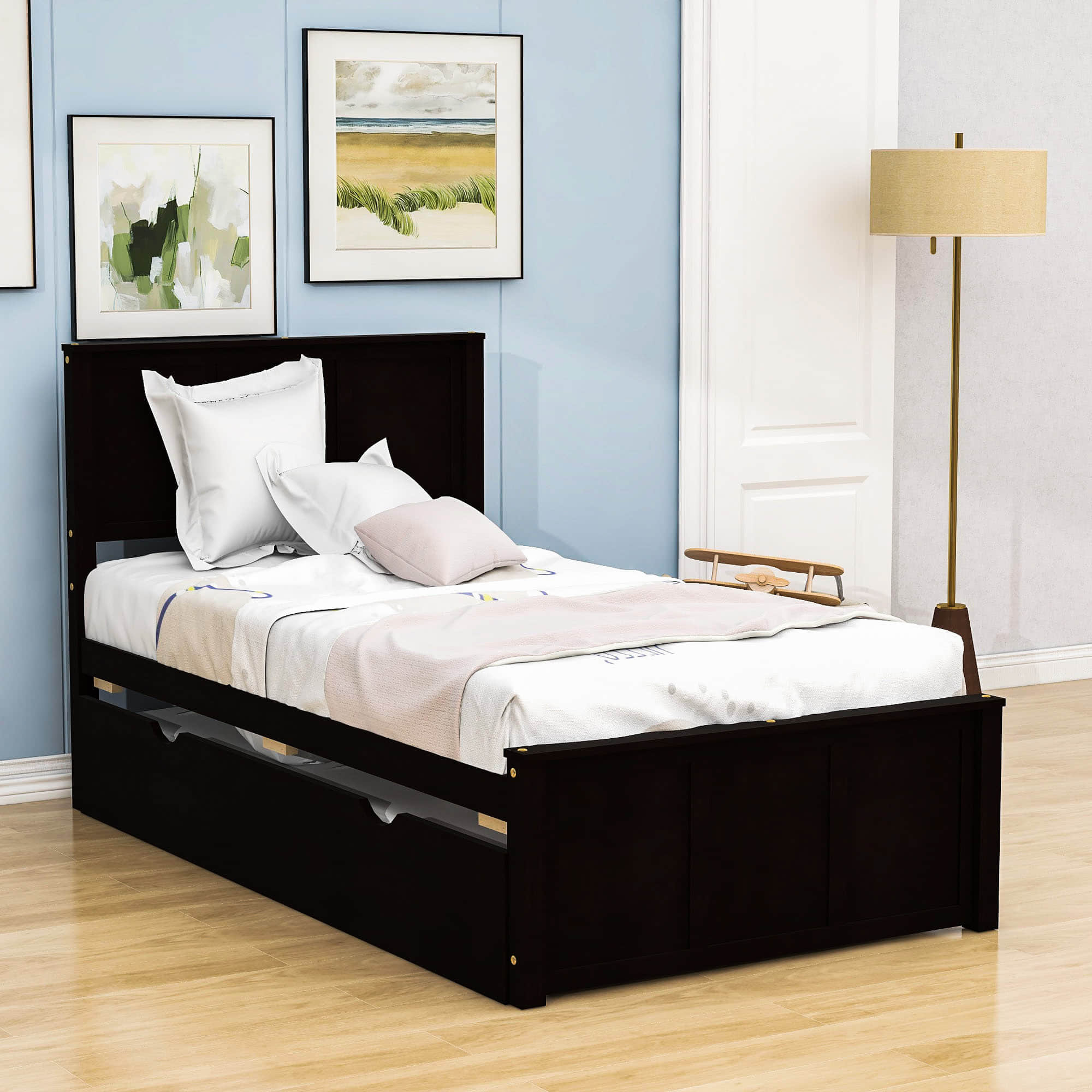 Classic Twin Platform Bed with Twin Trundle and Headboard - [Wood]