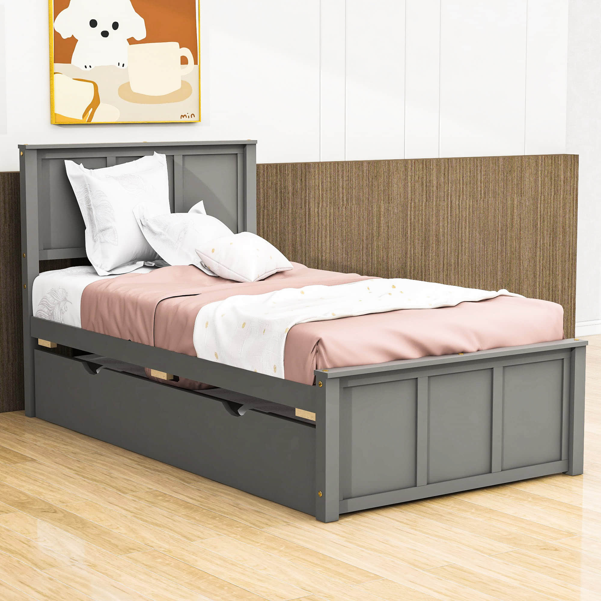 Classic Twin Platform Bed with Twin Trundle and Headboard - [Wood]