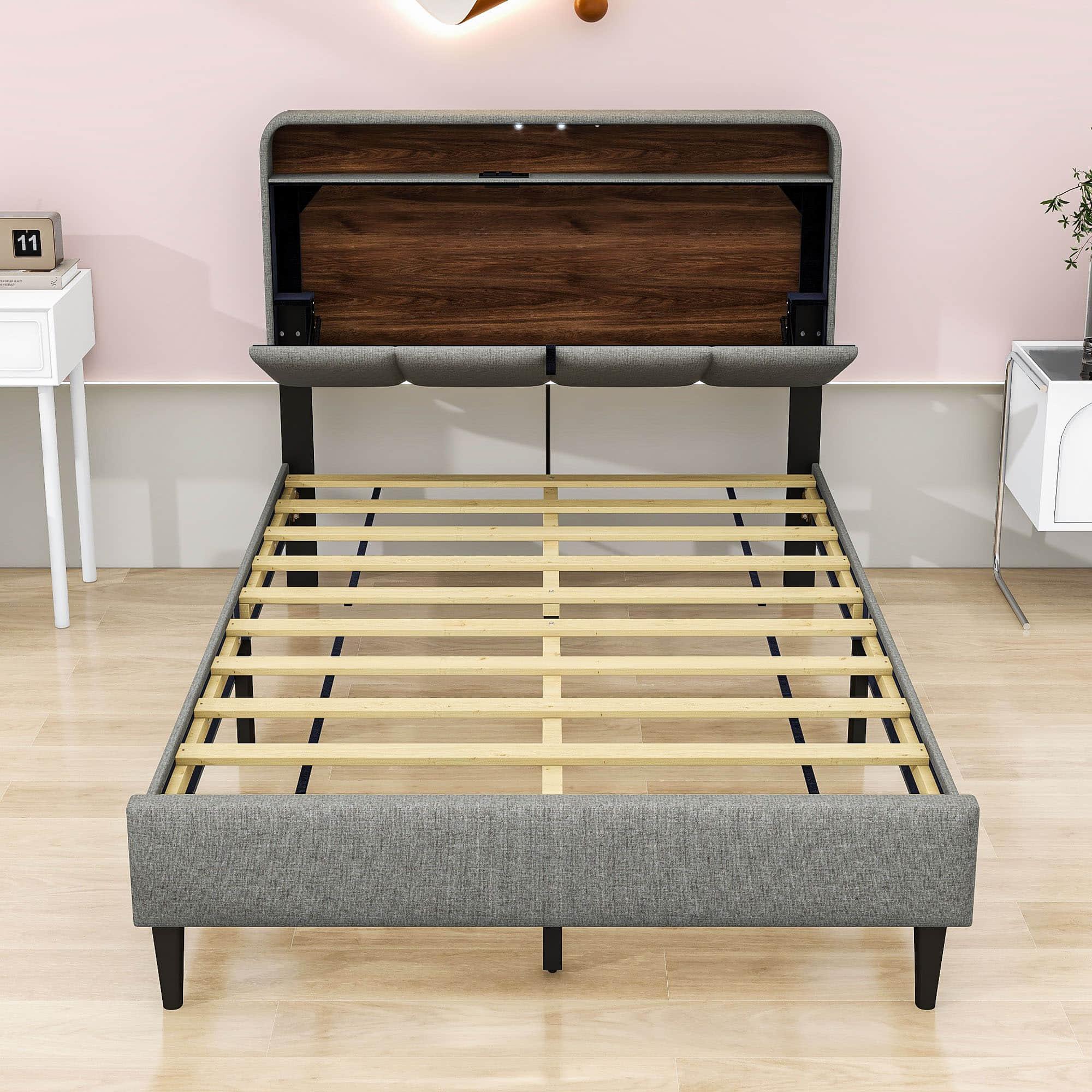 Smart Full Size Platform Upholstered Bed Frame with Storage Headboard