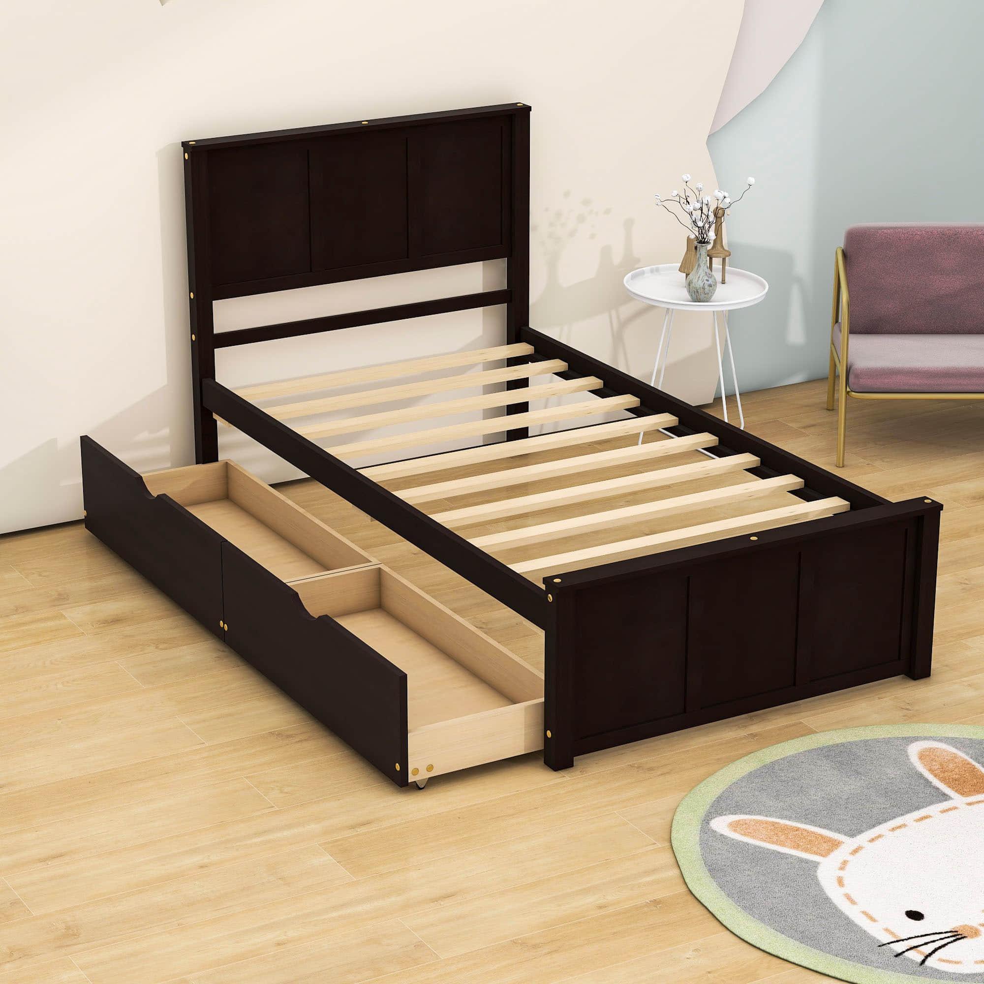 Twin Size Classic Platform Bed with Storage Drawers and Headboard