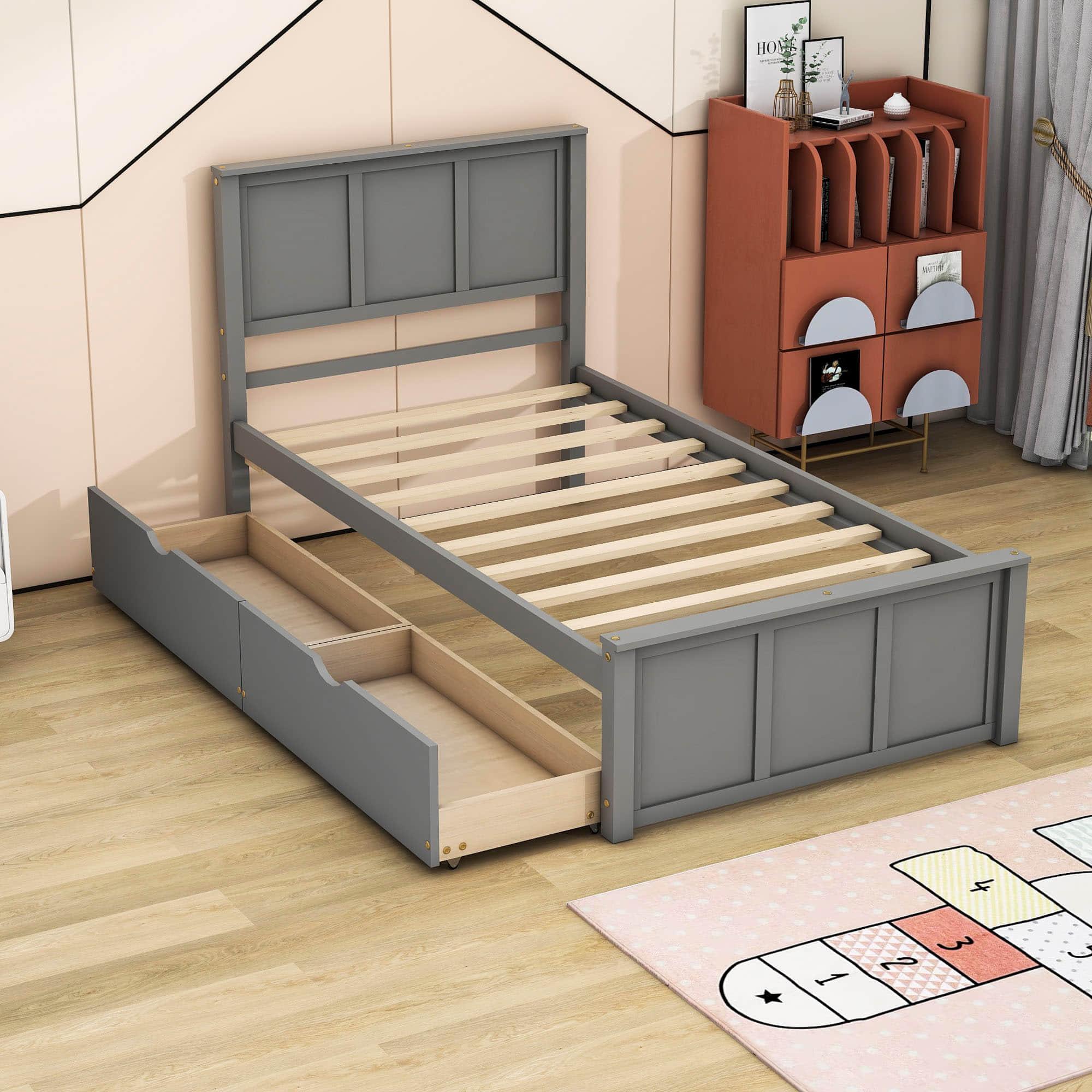 Twin Size Classic Platform Bed with Storage Drawers and Headboard