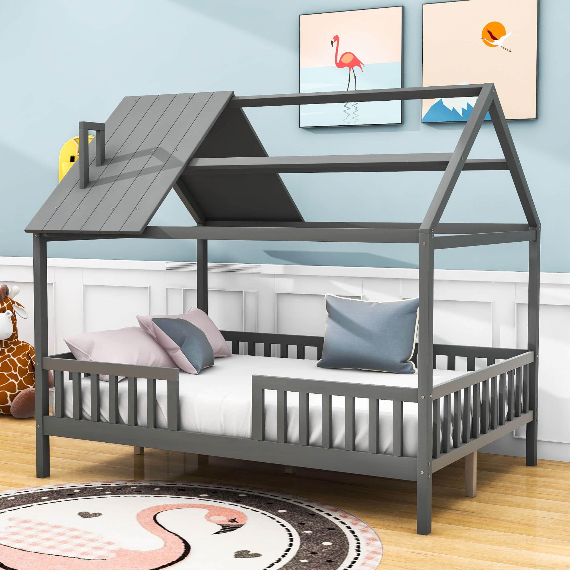 Full Wooden Kids Low Montessori Farmhouse Bed Frame with Rails