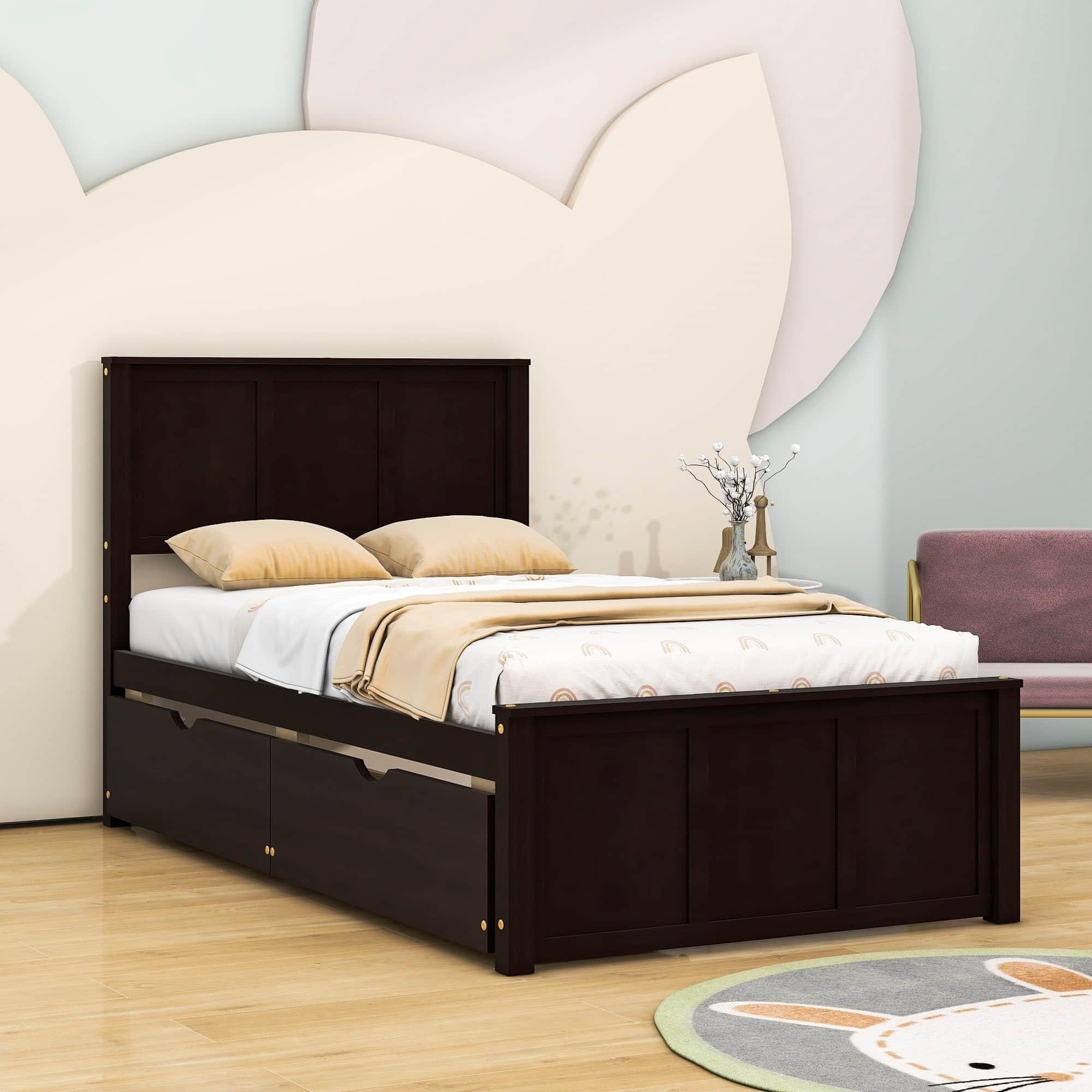 Twin Size Classic Platform Bed with Storage Drawers and Headboard