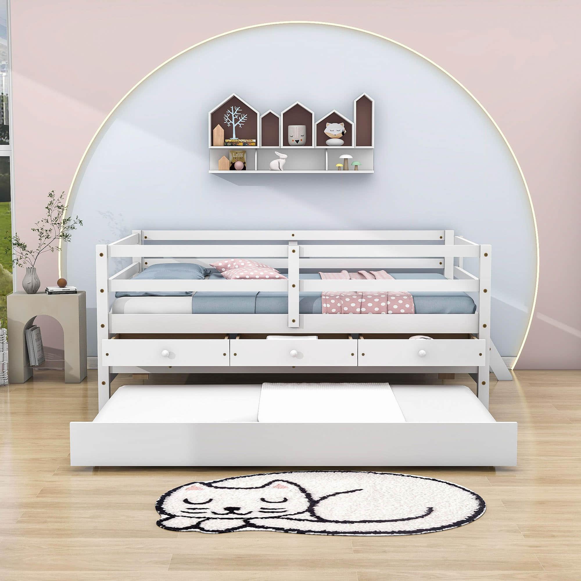 Solid Wood Low Full Size Kids Bed with Trundle and Storage - [Drawers, Rails]