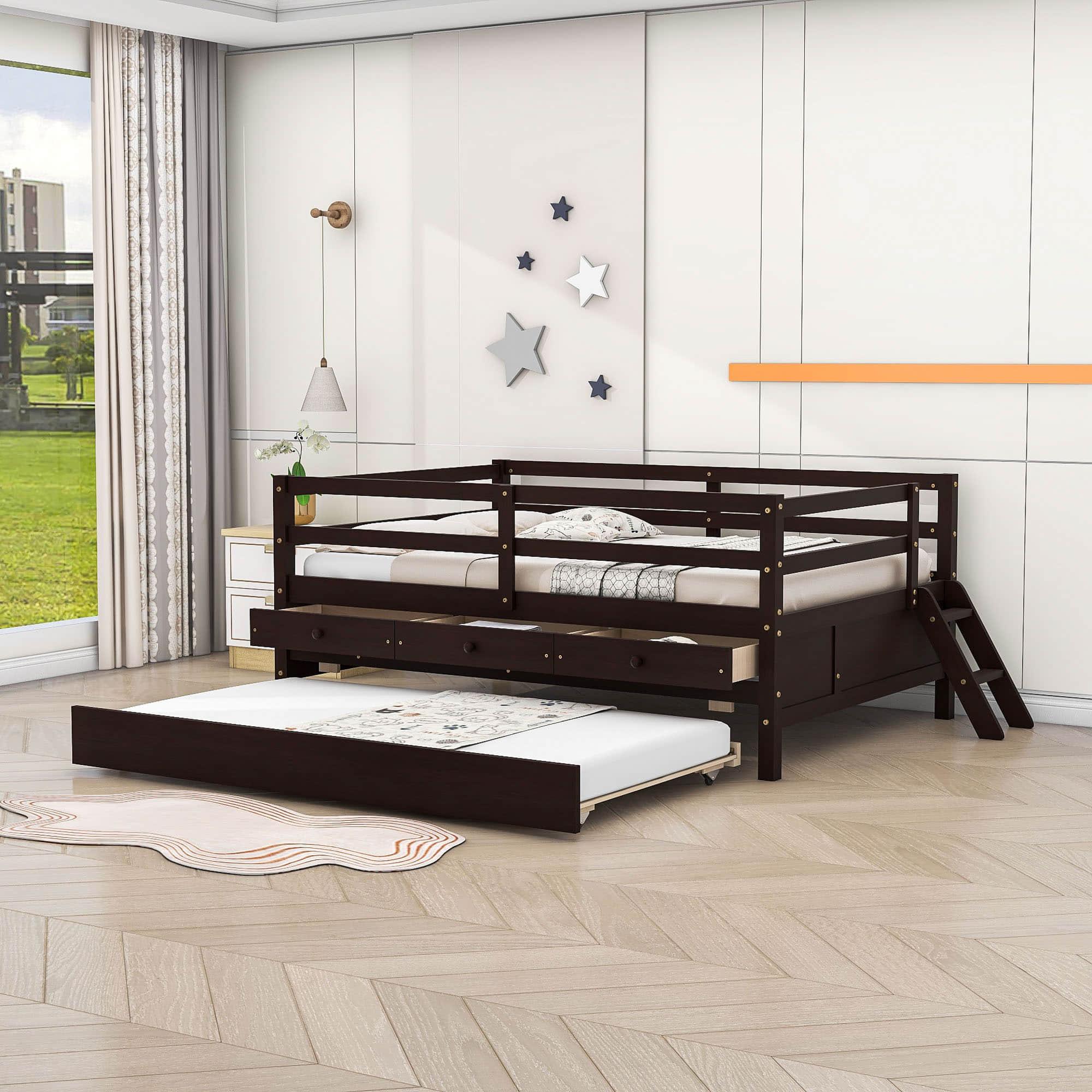 Solid Wood Low Full Size Kids Bed with Trundle and Storage - [Drawers, Rails]