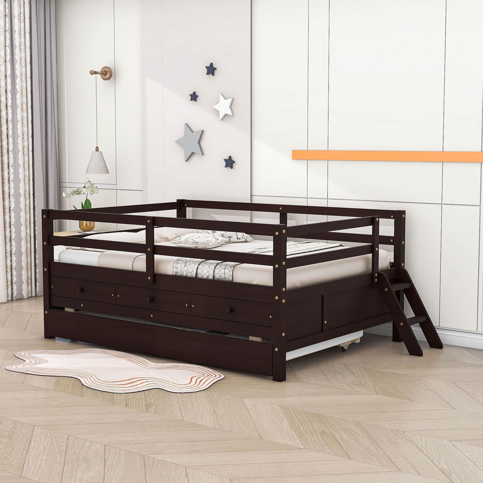 Solid Wood Low Full Size Kids Bed with Trundle and Storage - [Drawers, Rails]