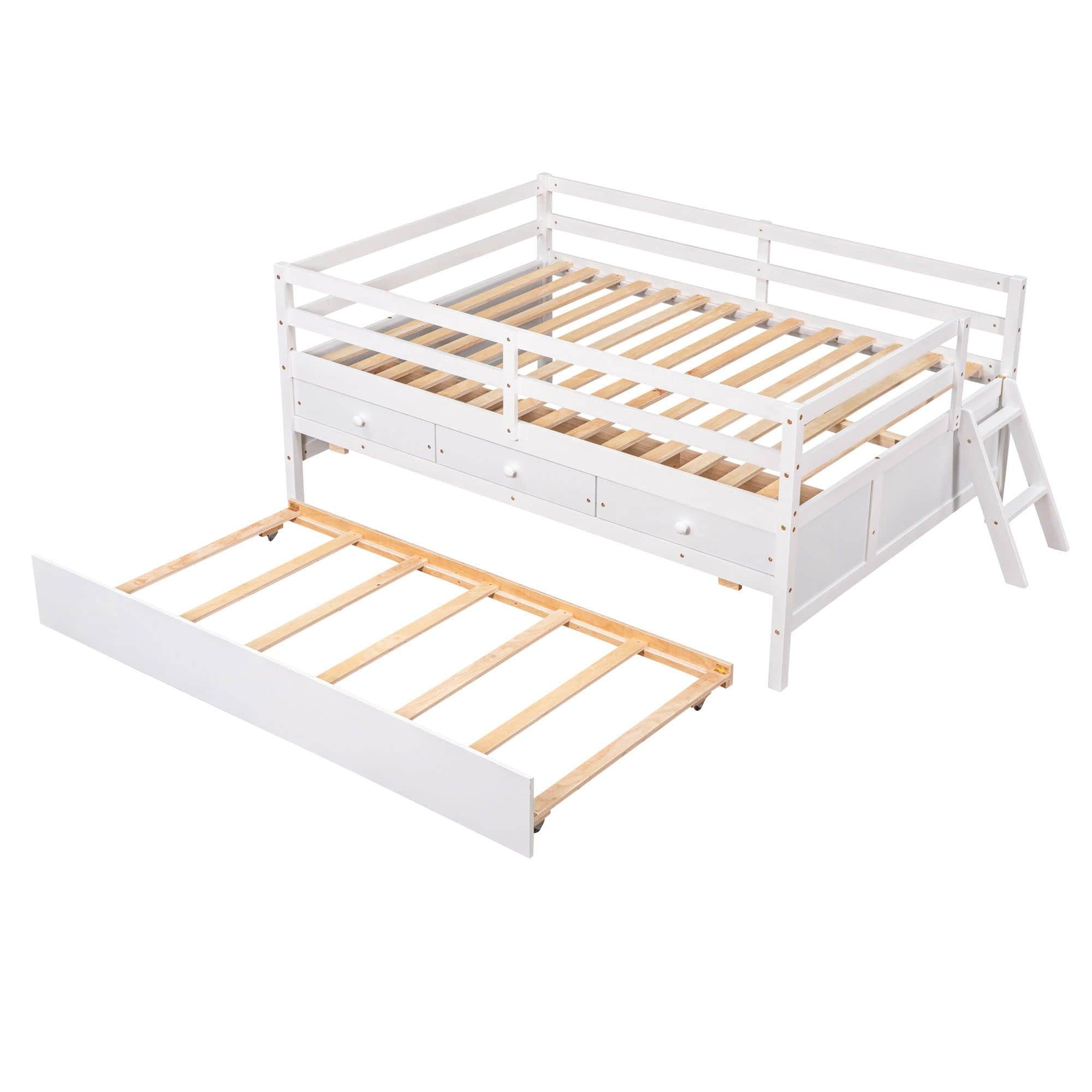 Solid Wood Low Full Size Kids Bed with Trundle and Storage - [Drawers, Rails]