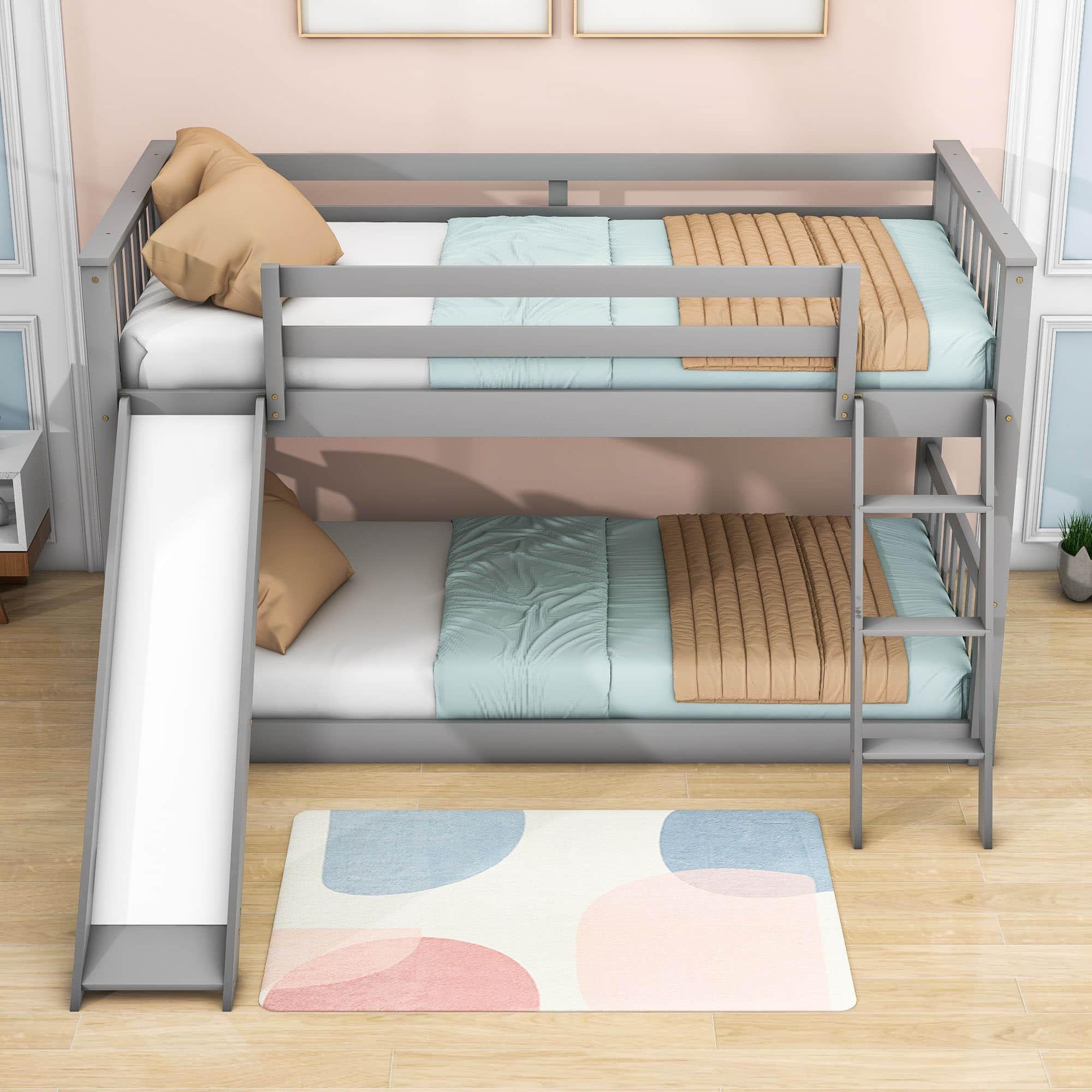 Low Twin Over Twin Bunk Beds with Slide for Kids Toddler - [Wooden, Floor, Interchangeable]