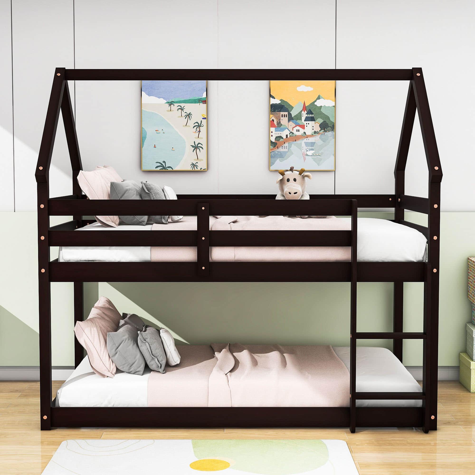 Small Low Twin Over Twin House Floor Bunk Beds for Kids, Toddler