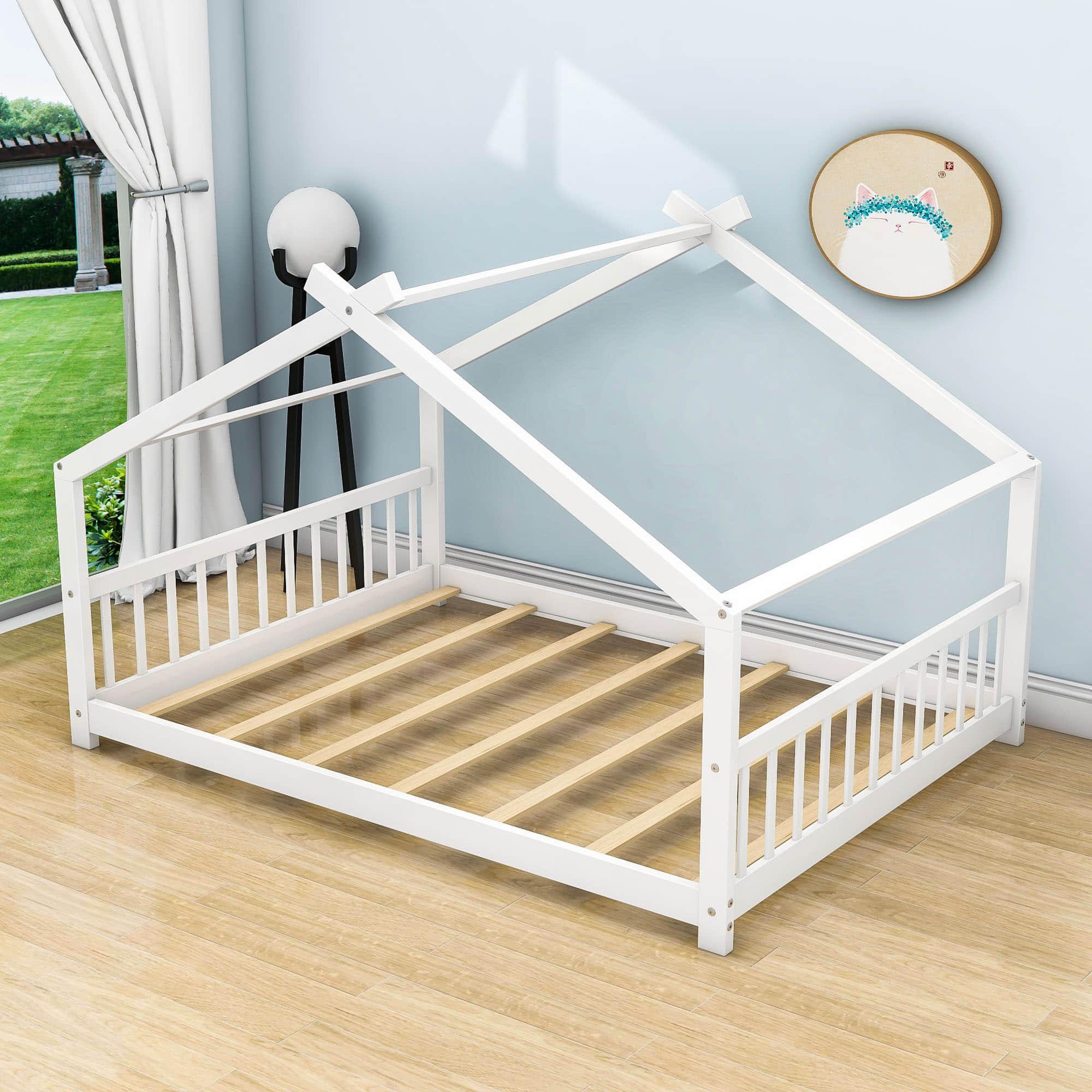 Wooden Full Size Low House Bed Frame for Toddler, Kids