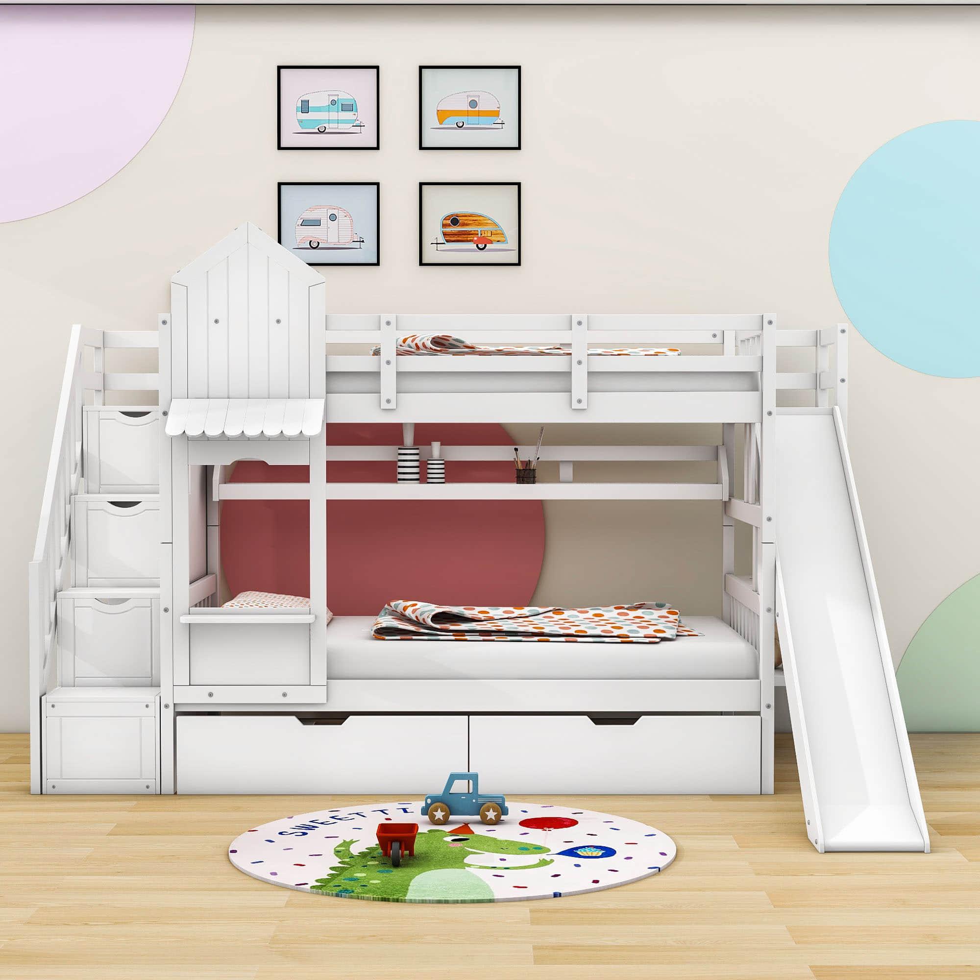 Girls Twin Over Twin Castle Bunk Bed with Slide and Stairs, Storage