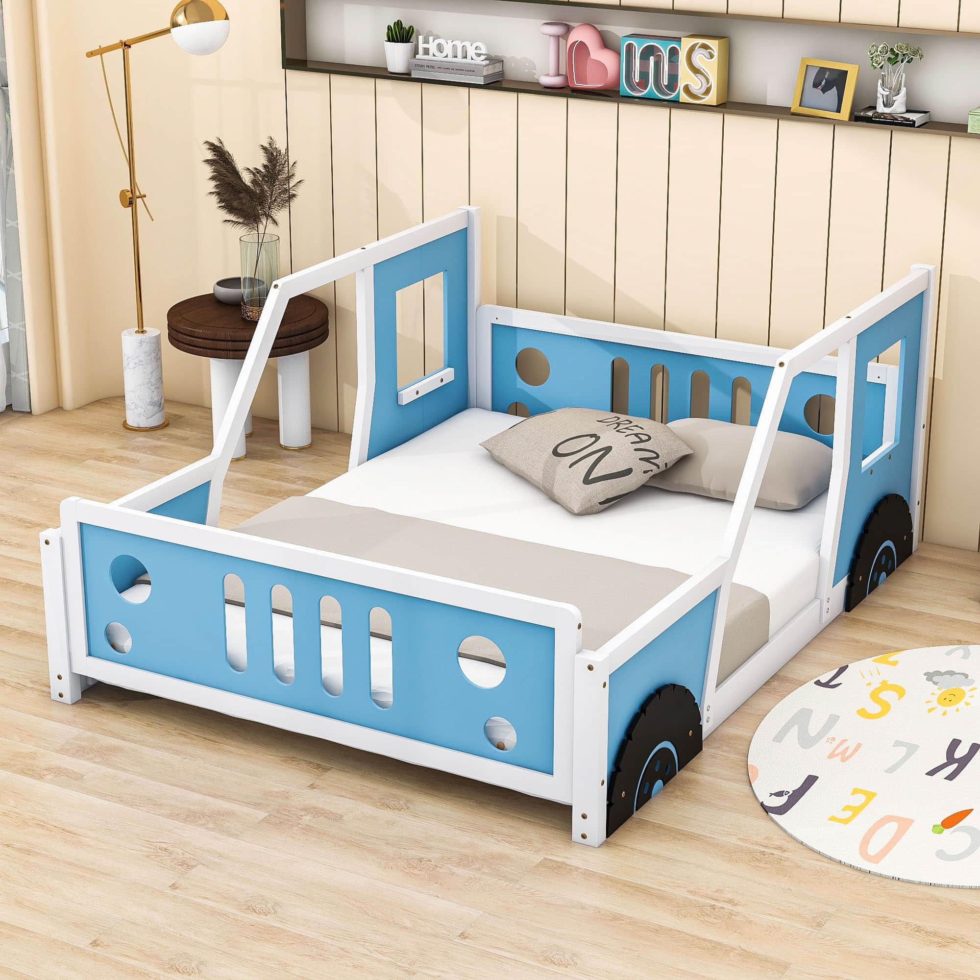 Wood Full Size Car-Shaped Floor Bed Frame with Rails for Boys