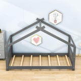 Wooden Twin Low House Bed Frame for Toddler, Kids