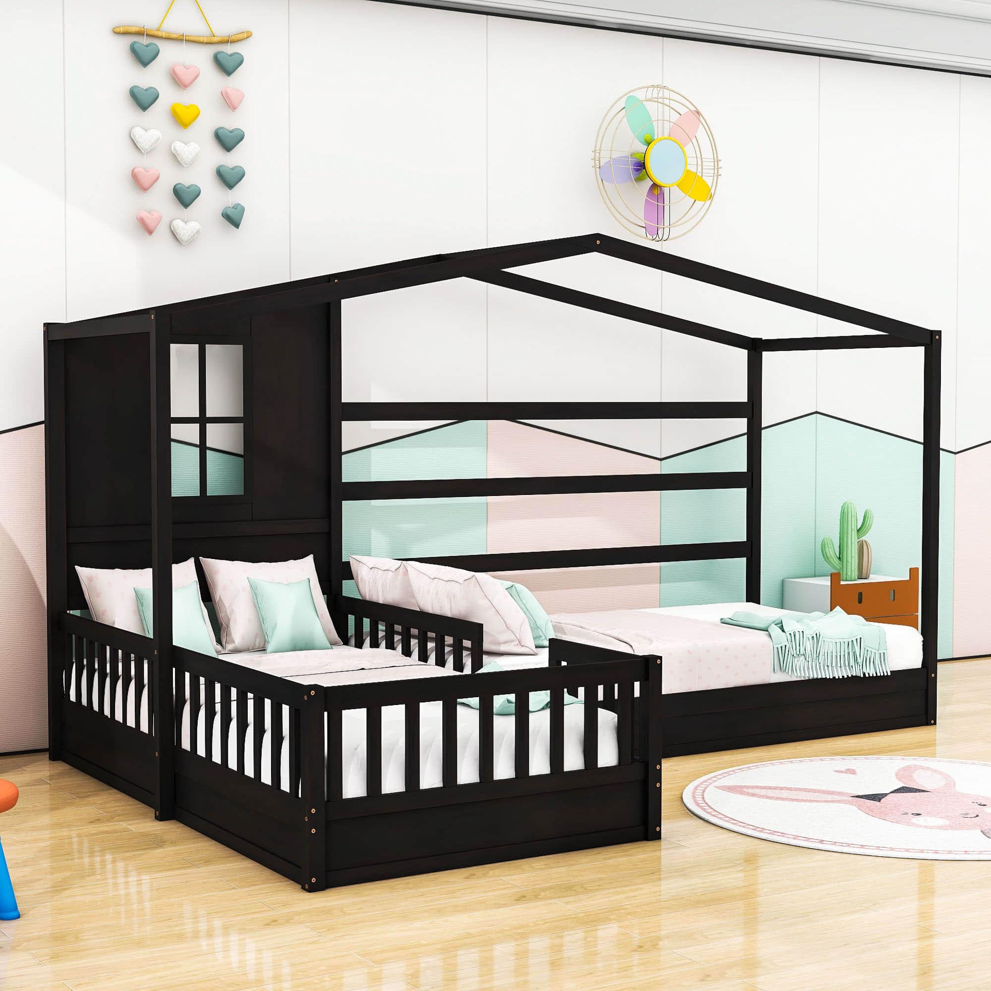 Wooden Montessori Twin Size House Double Kids Bed with Rails