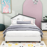 Full Size Wood Platform Bed with House-Shaped Headboard for Girls