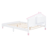 Kids Full Wood Platform Bed with House-Shaped Headboard and LED Lights