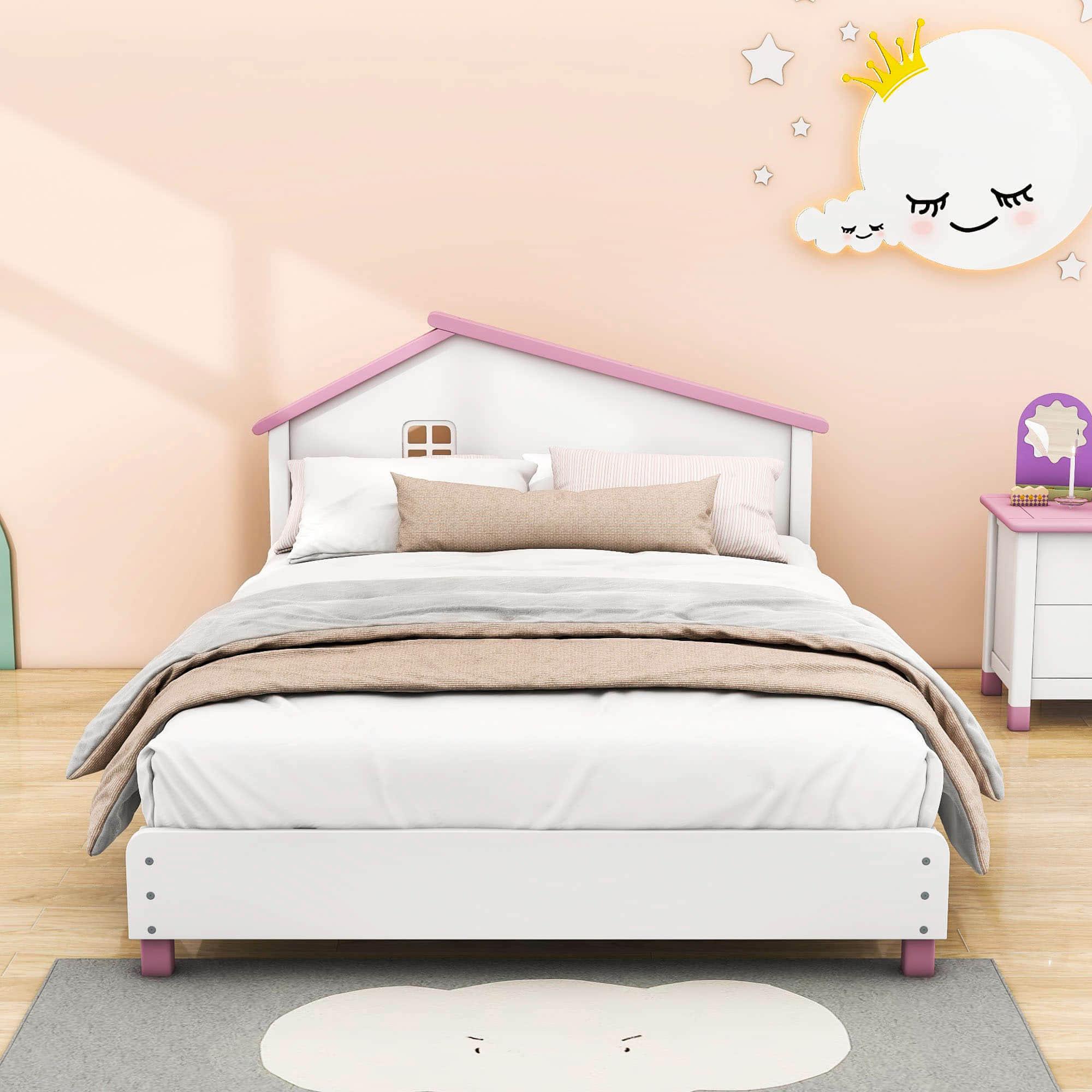 Full Size Wood Platform Bed with House-Shaped Headboard for Girls