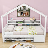 Wood Twin Size House Storage Bed Frame with Shelves and Mini-Cabinet