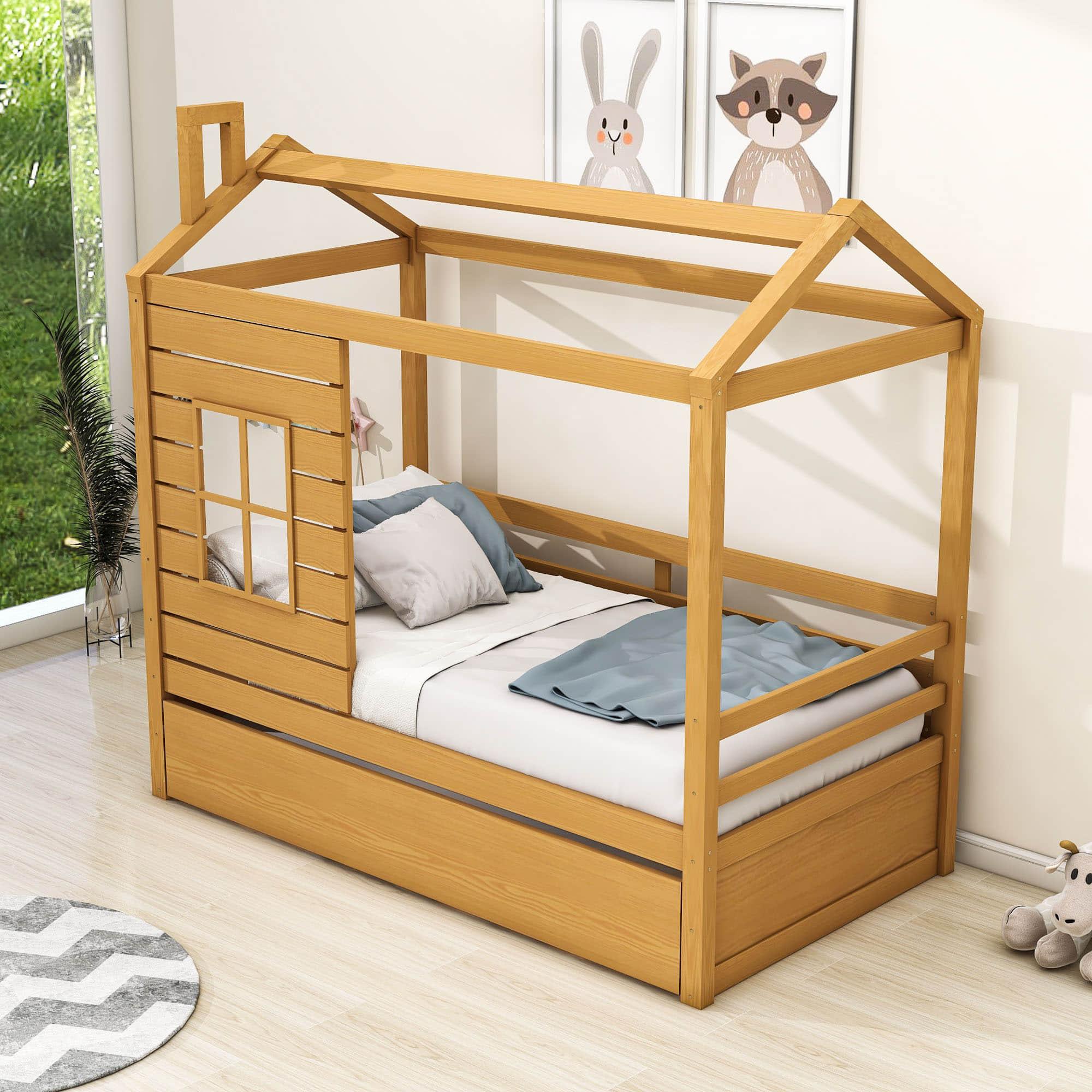 Kids Twin House Bed with Twin Trundle Bed and Rails