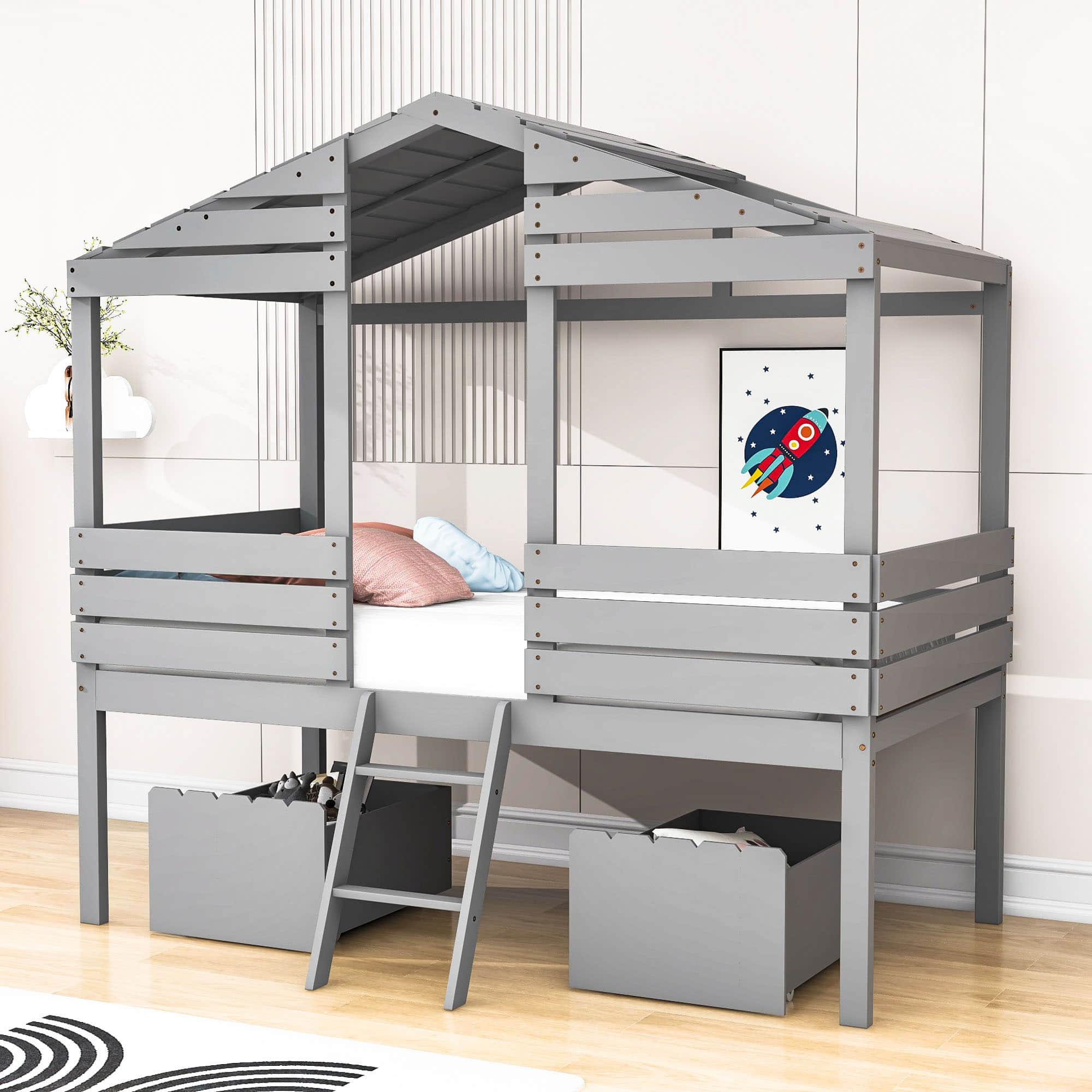 Twin Low Loft FarmHouse Bed with Storage Drawers for Kids - [Wood]