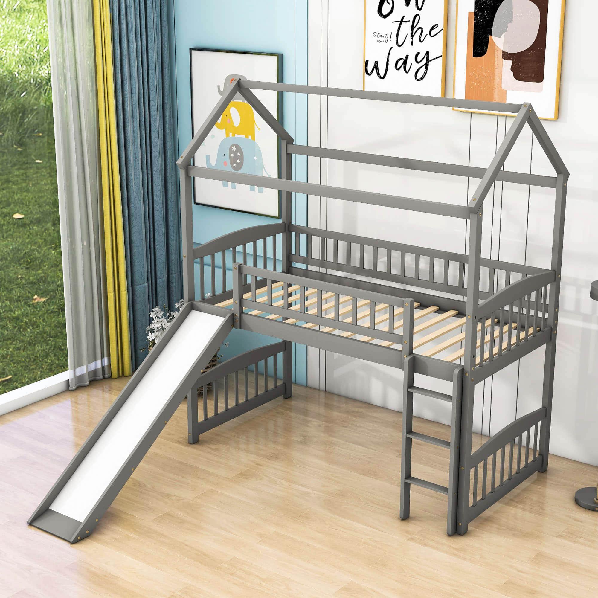 Twin Size Low House Loft Bed with Slide for Kids - [Wood]