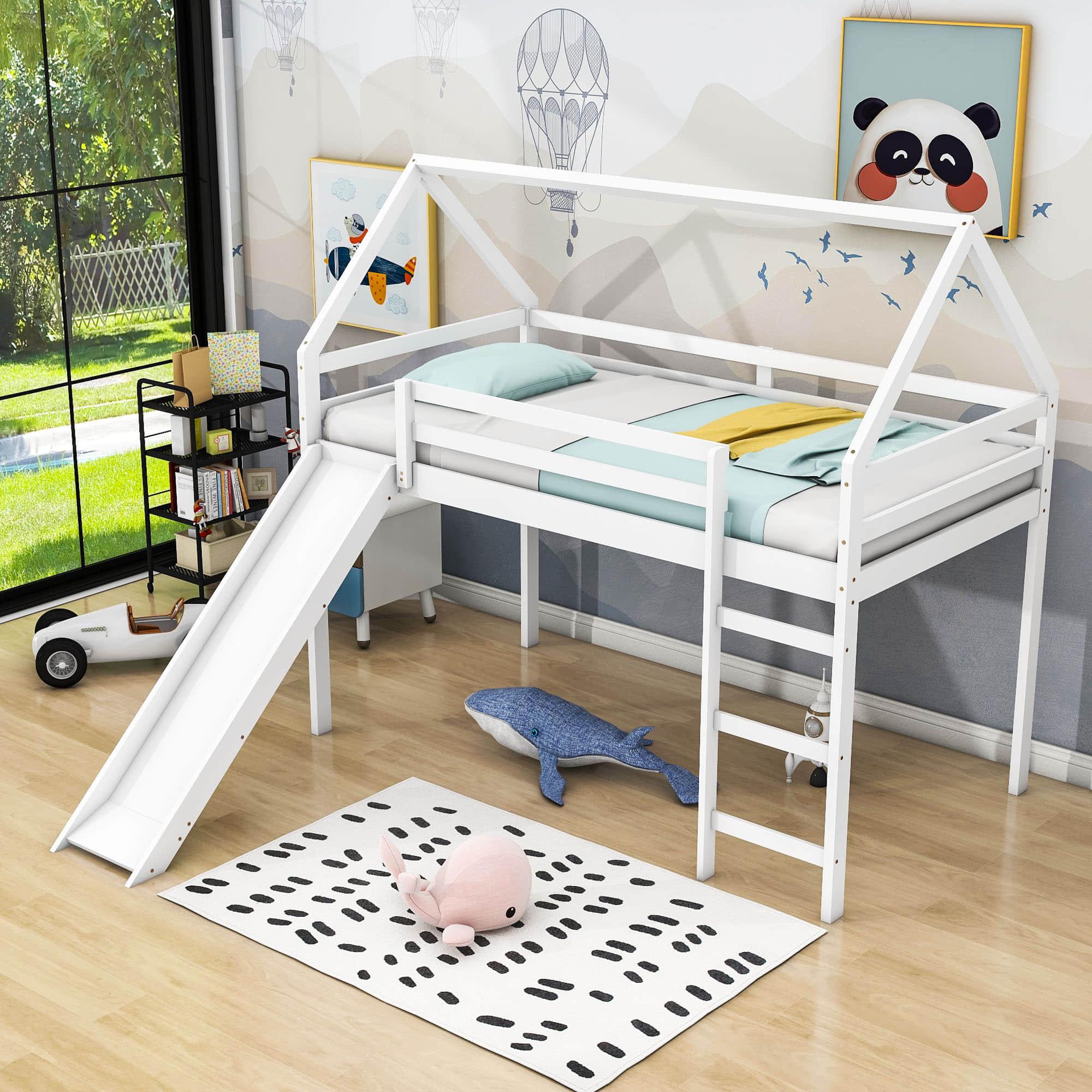 Wood House Twin Loft Bed for Kids with Slide