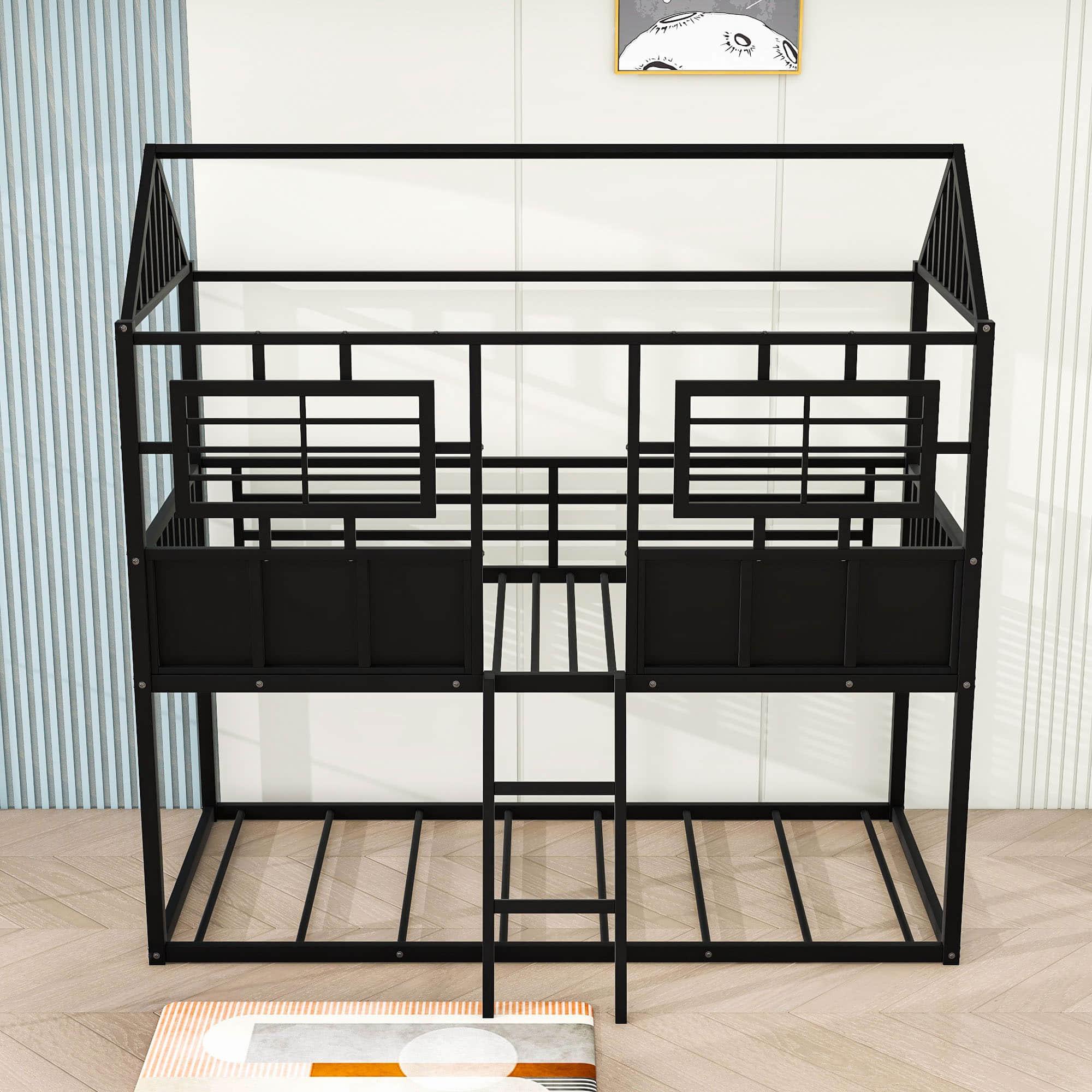 Twin Over Twin Low House Bunk Beds for Kids, Toddler - [Metal, Floor, Black]