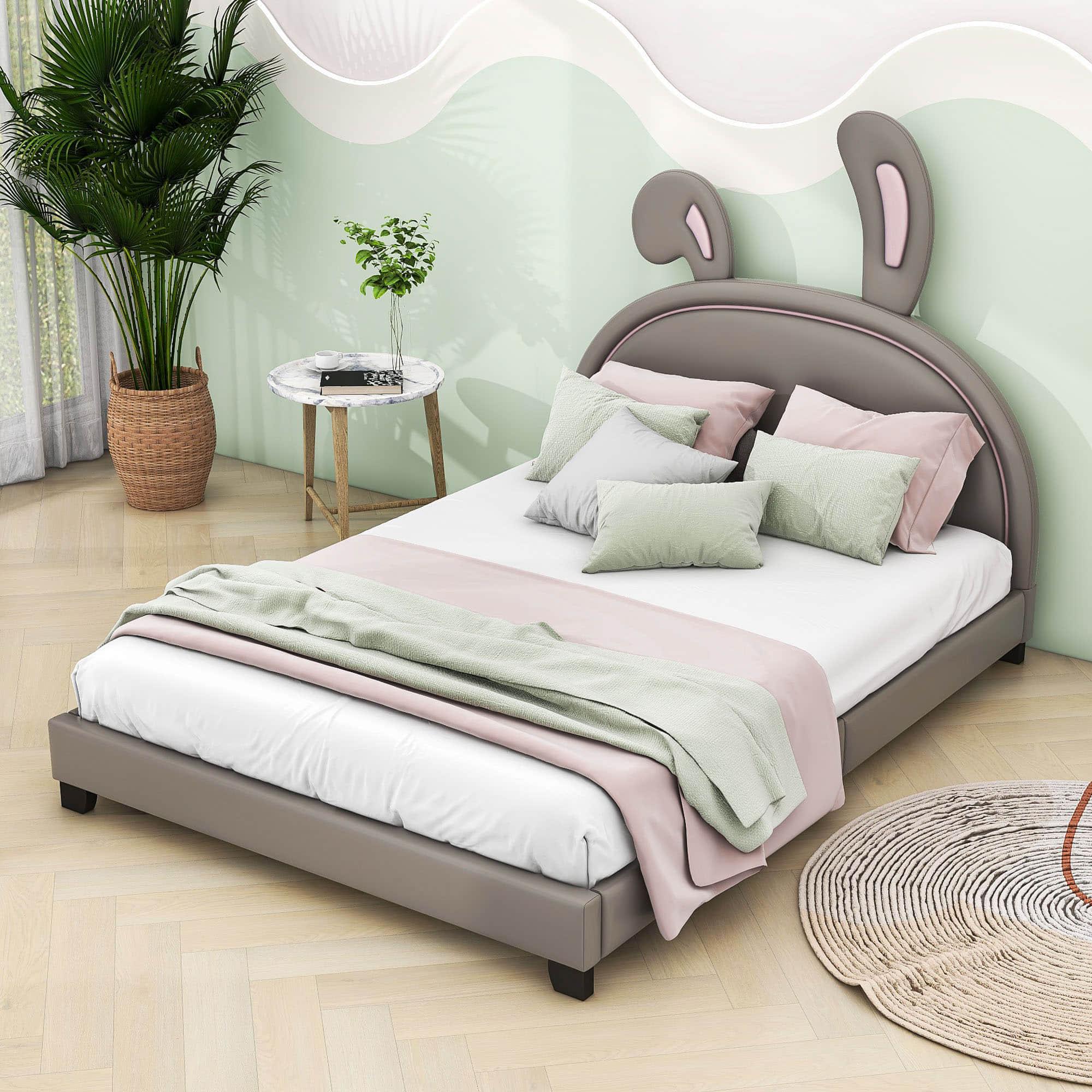 Cute Low Full Girls Leather Upholstered Platform Bed with Headboard