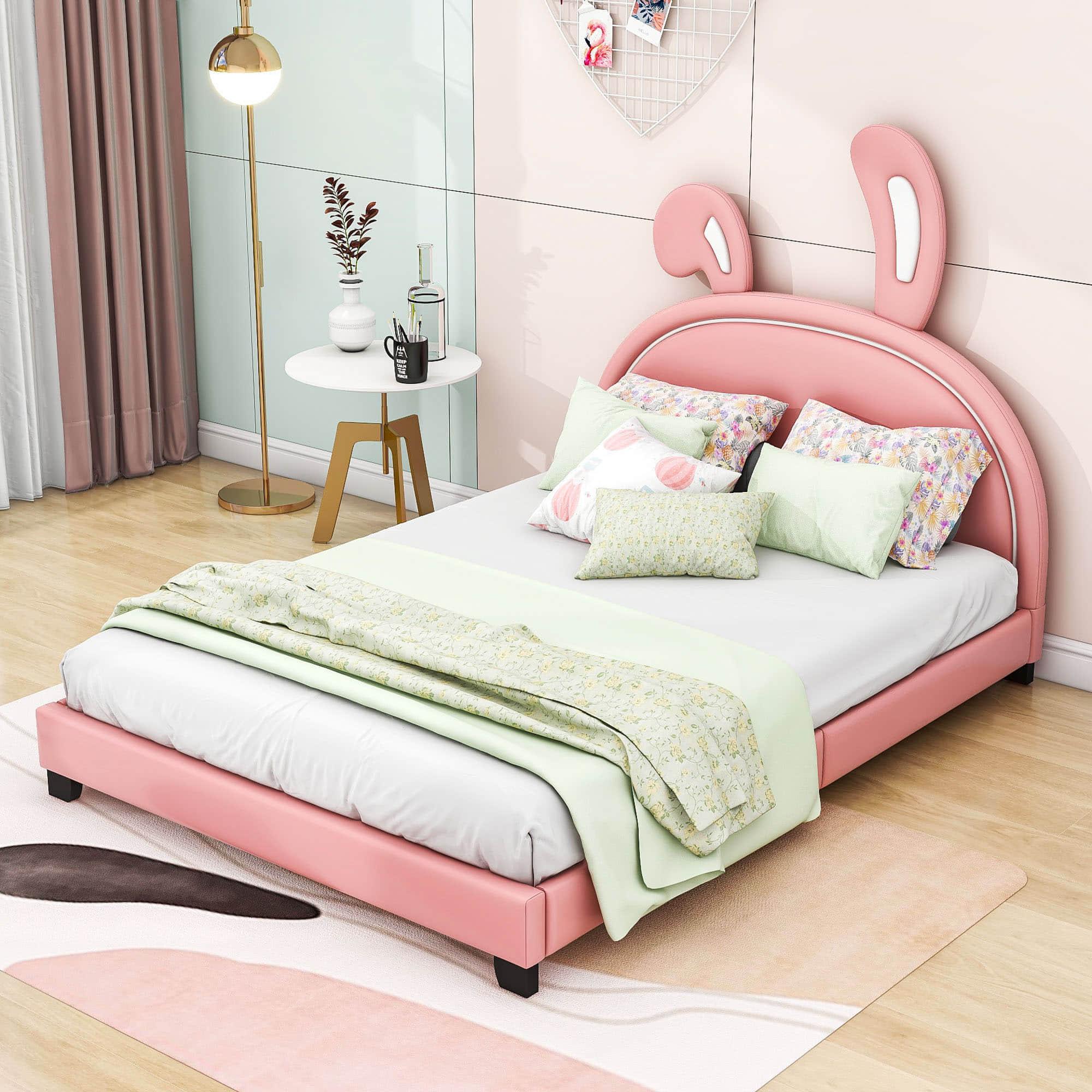 Cute Low Full Girls Leather Upholstered Platform Bed with Headboard