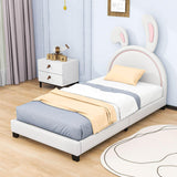 Cute Low Twin Girls Leather Upholstered Platform Bed with Headboard