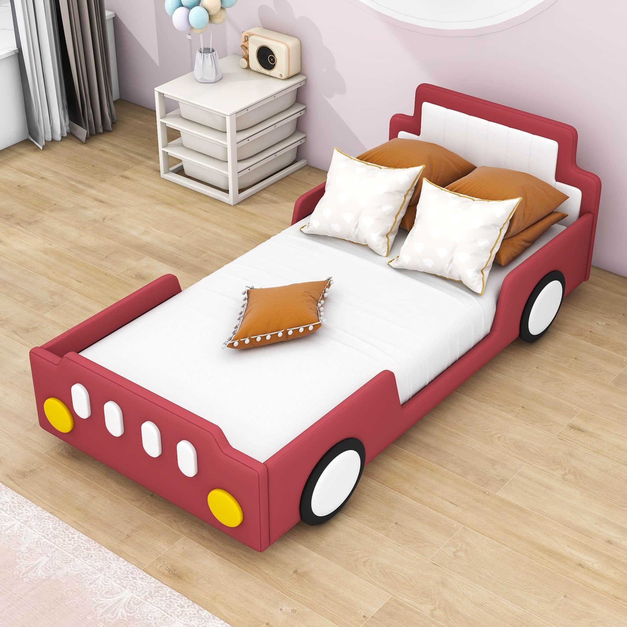 Twin Size Kids PU Leather Upholstered Car Bed for Boys and Girls