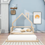 Wood Twin Toddler Floor Bed Frame with Rails and House-Shaped Headboard