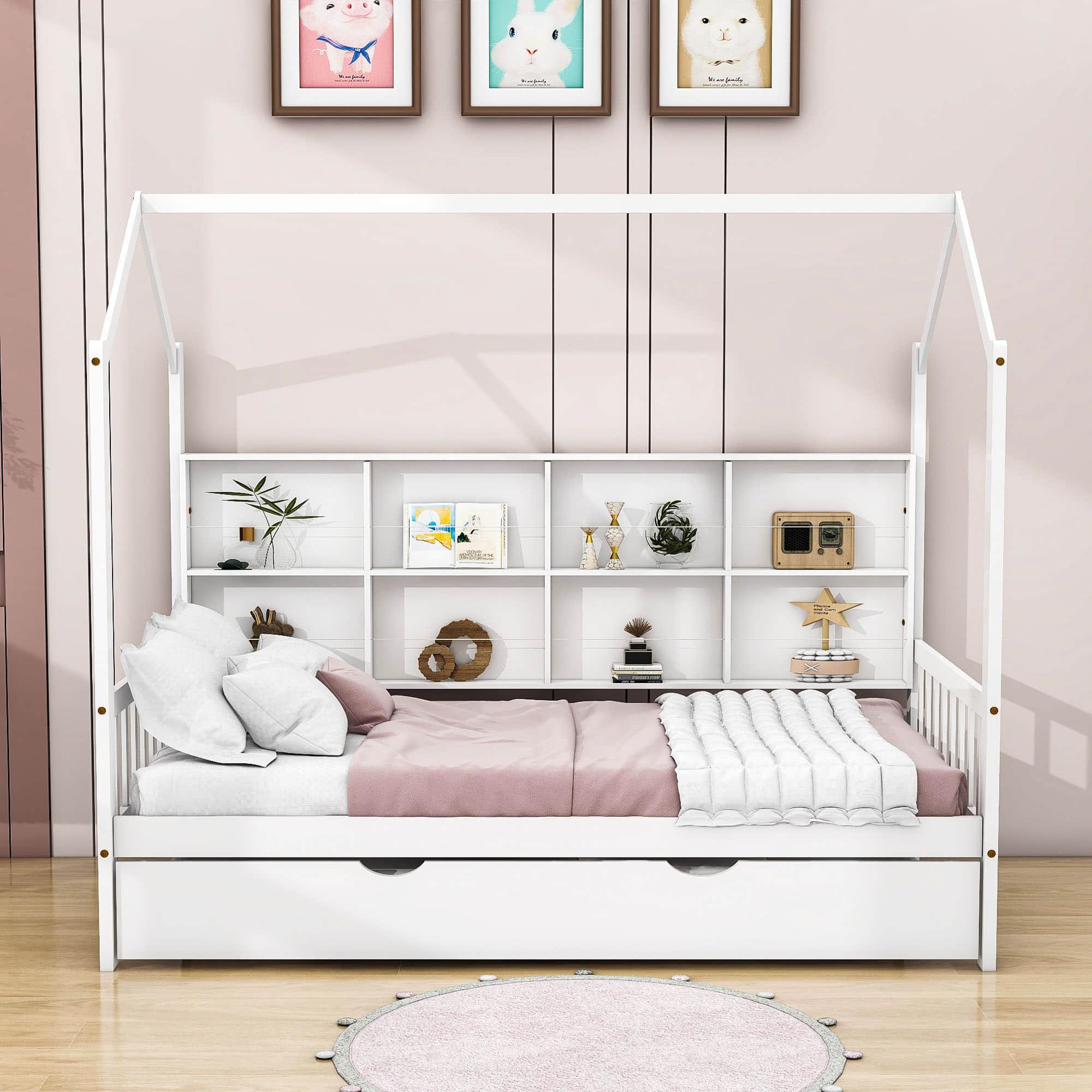 Twin Size Kids House Bed Frame with Twin Trundle and Shelf above Bed