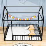 Full Size Metal House Toddler Floor Bed with Rails for Boys and Girls