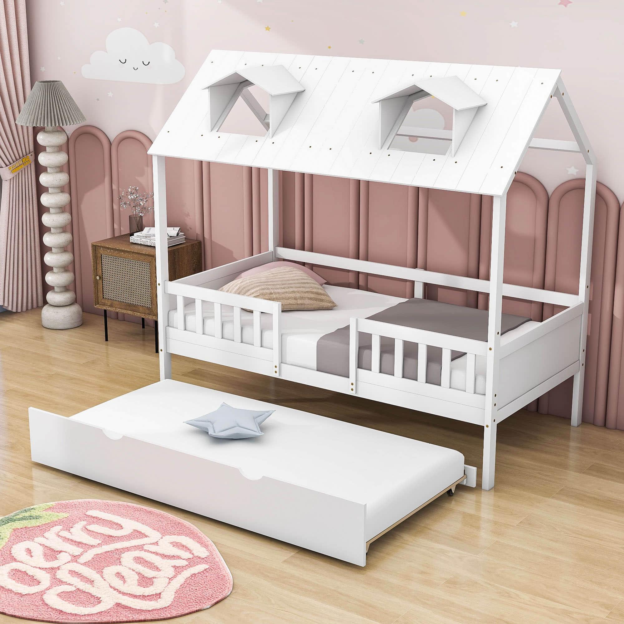 Wooden Twin Kids House Bed with Rails and Twin Trundle Bed