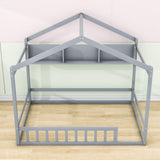 Wood House Full Size Floor Bed with Rails and Storage for Toddler, Kids