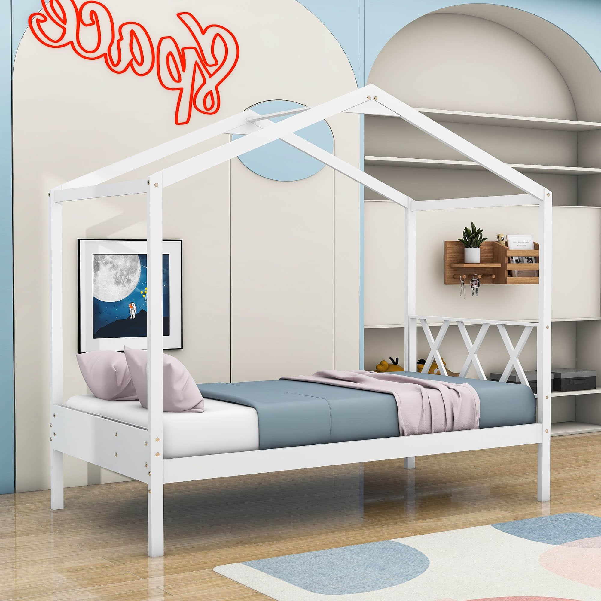 Twin Size Kids House Bed with Headboard and Storage - [Wooden]