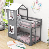 Wooden Twin Over Twin Low Bunk Beds for Kids with Fun Roof and Window