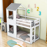 Wooden Twin Over Twin Low Bunk Beds for Kids with Fun Roof and Window