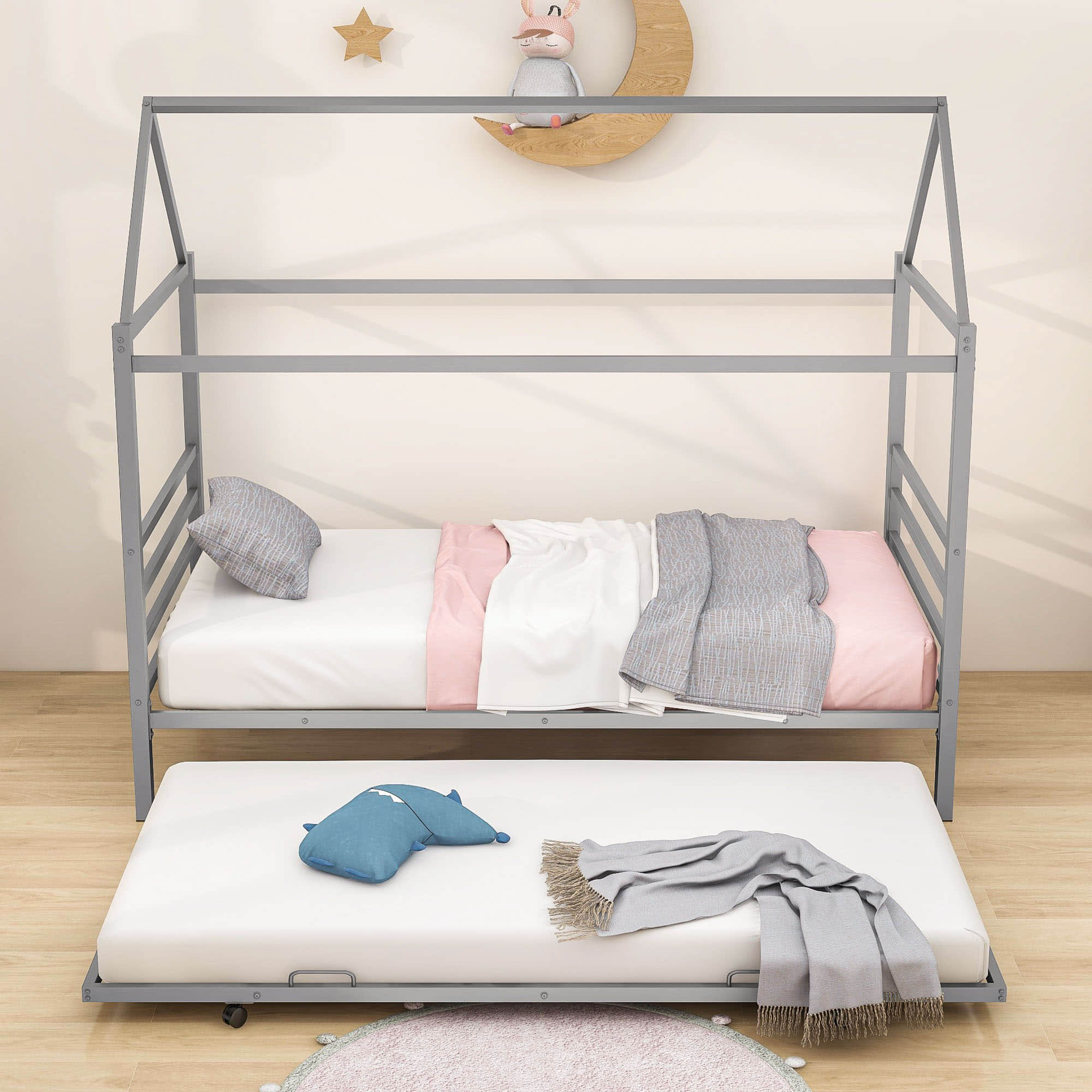 Metal Twin House Bed Frame with Twin Trundle Bed and Headboard